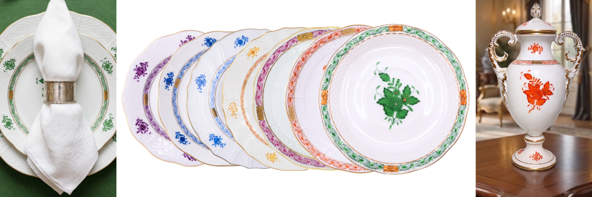Herend's Chinese Bouquet pattern, known in Hungary as Apponyi, shown across several colorways with a vase and full table setting.