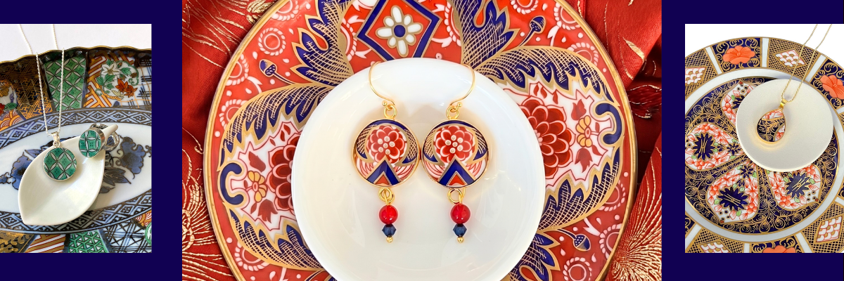 Imari ware and Imari porcelain jewelry: upcycled Japanese Arita jewelry set, necklace, and Royal Crown Derby Imari earrings