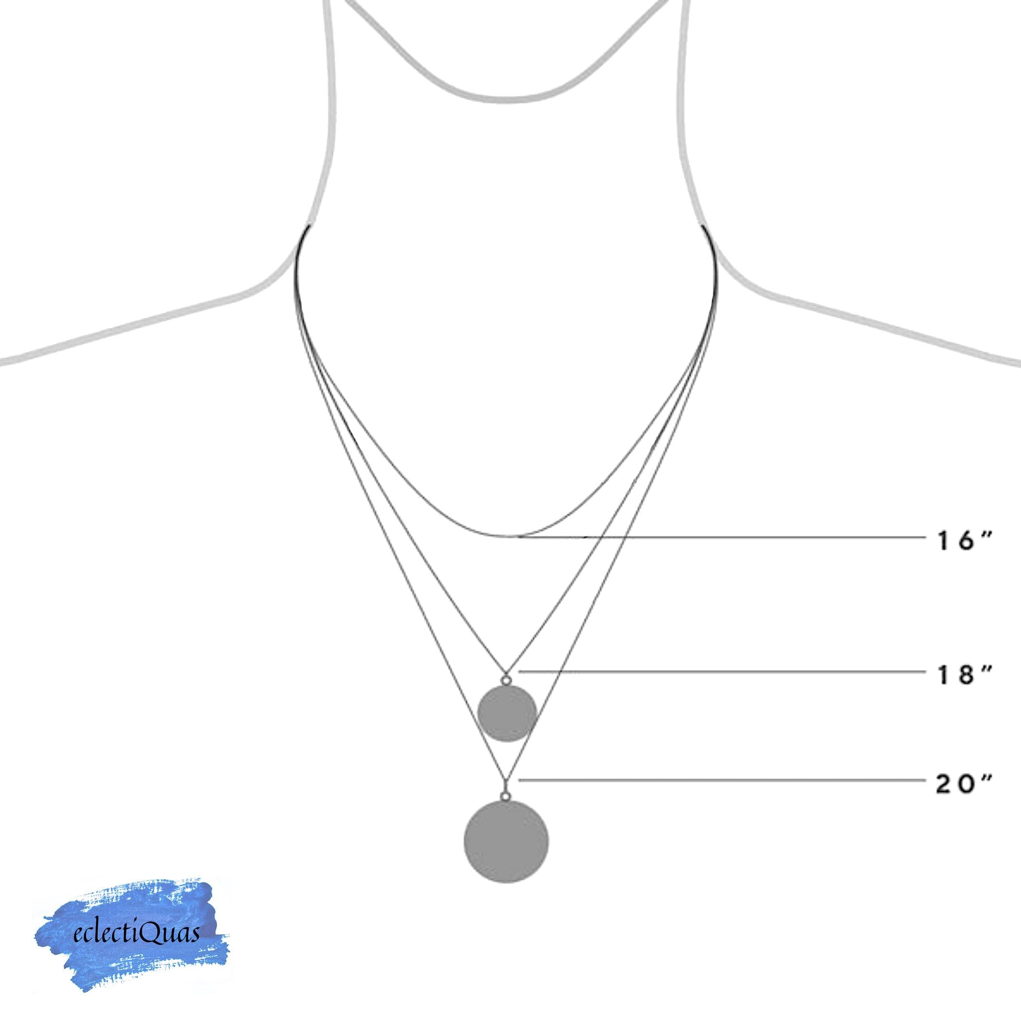 Example of eclectiQuas necklace lengths, including 16 inch, 18 inch and 20 inch chains