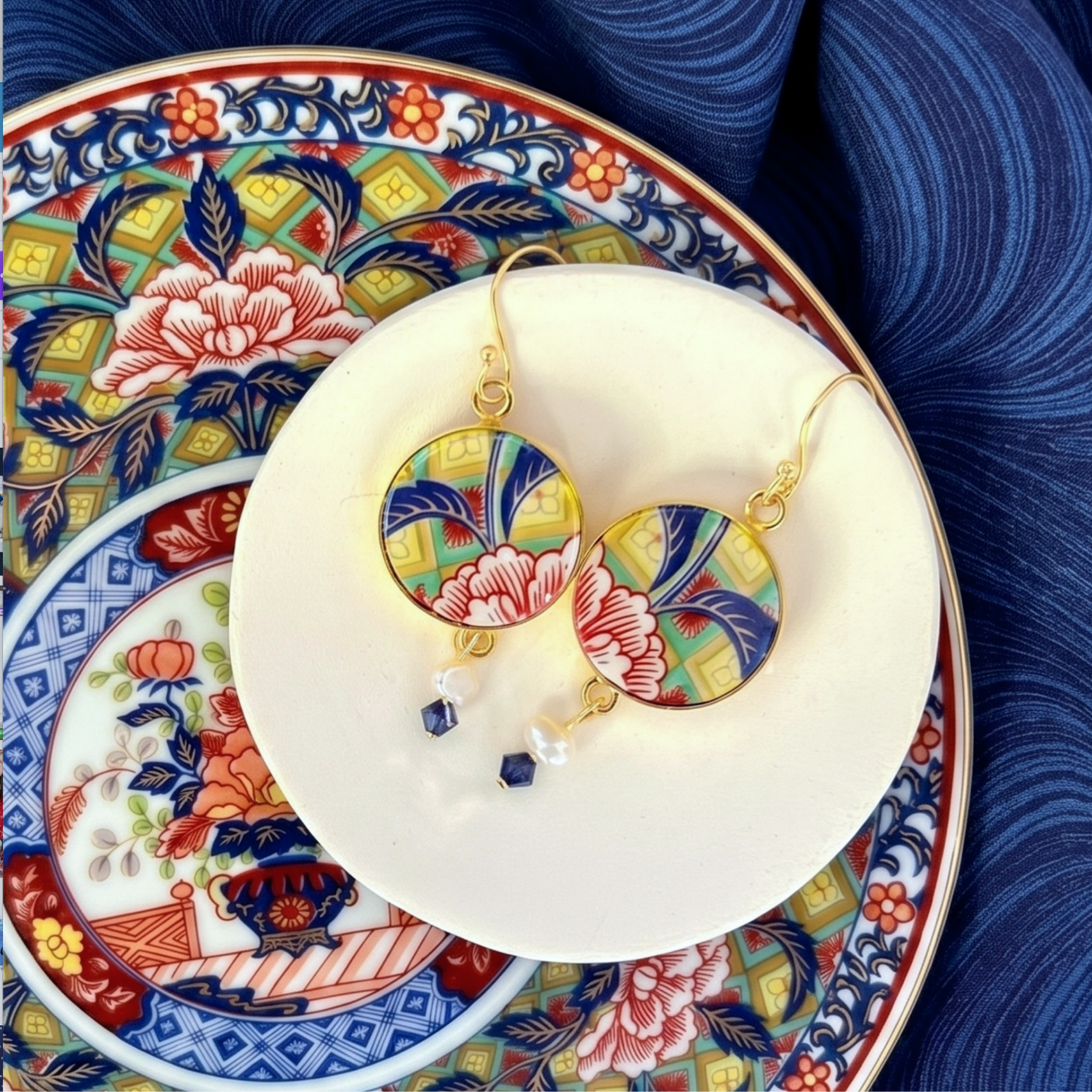 Japanese Imari Porcelain Earrings handmade with Vintage Imari Ware