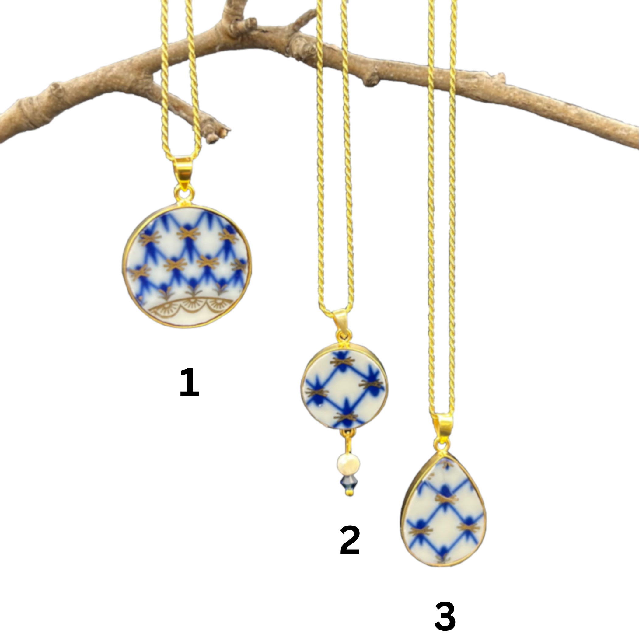 Lomonosov Cobalt Net Porcelain Necklaces, 18th Anniversary Gift for Wife, Broken China Jewelry