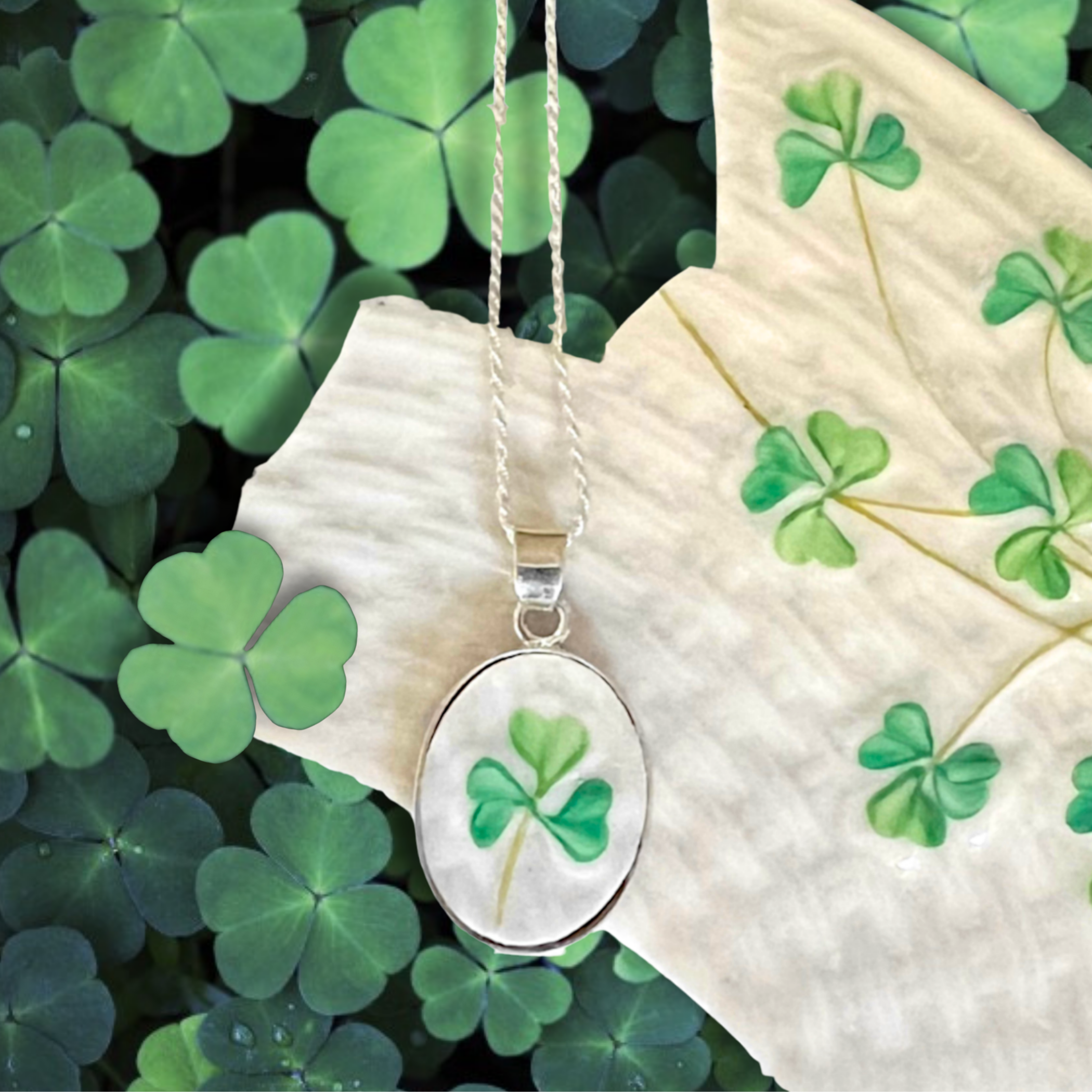 Belleek Porcelain Shamrock Necklace, Irish Broken China Jewelry with Sterling Silver