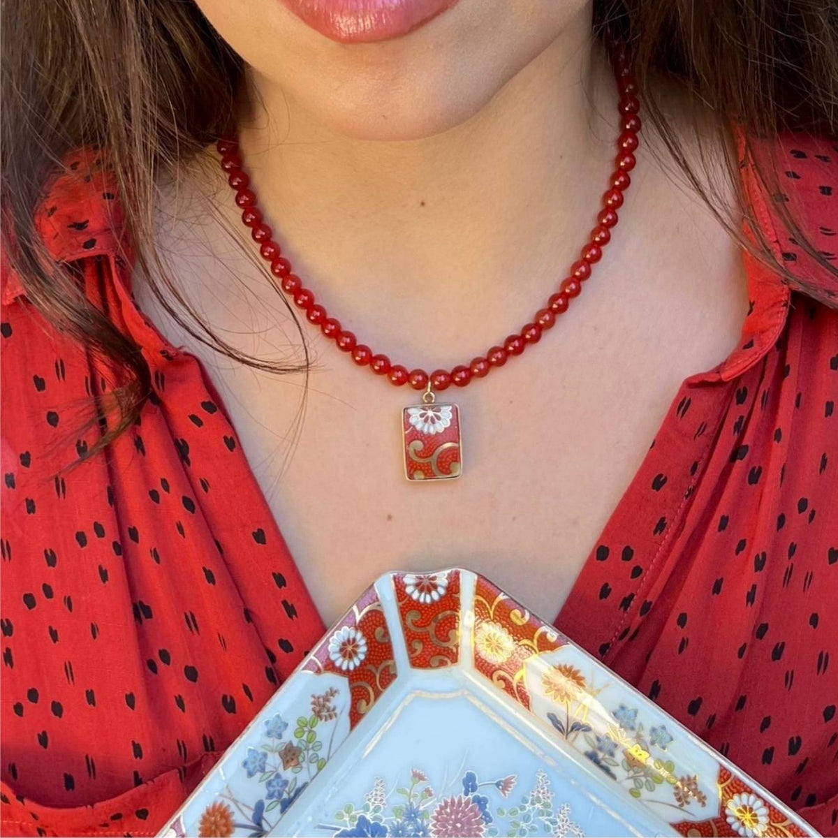 Autumn Porcelain Pendant with Carnelian Necklace upcycled with Japanese Kutani, Gold & Orange Flower Eclectic Jewelry Fall Birthday Gift
