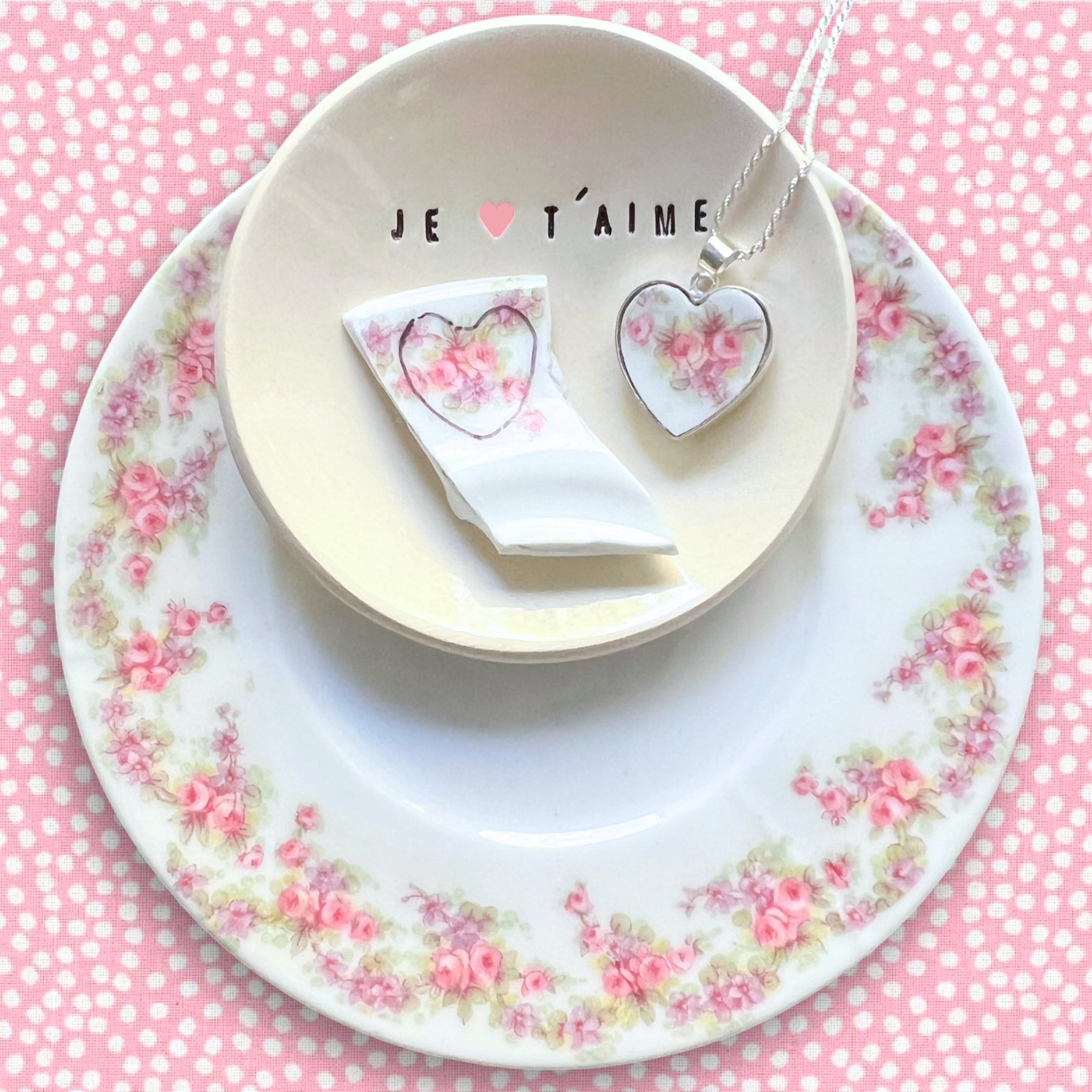 Dainty Heart Necklace upcycled with French Limoges Porcelain & Sterling Silver