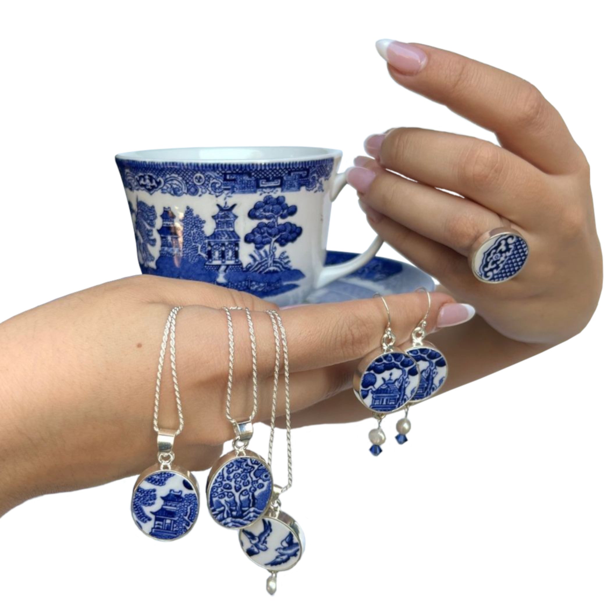 Blue Willow Broken China Jewelry & Matching Collectible Tea Cup and Saucer Set