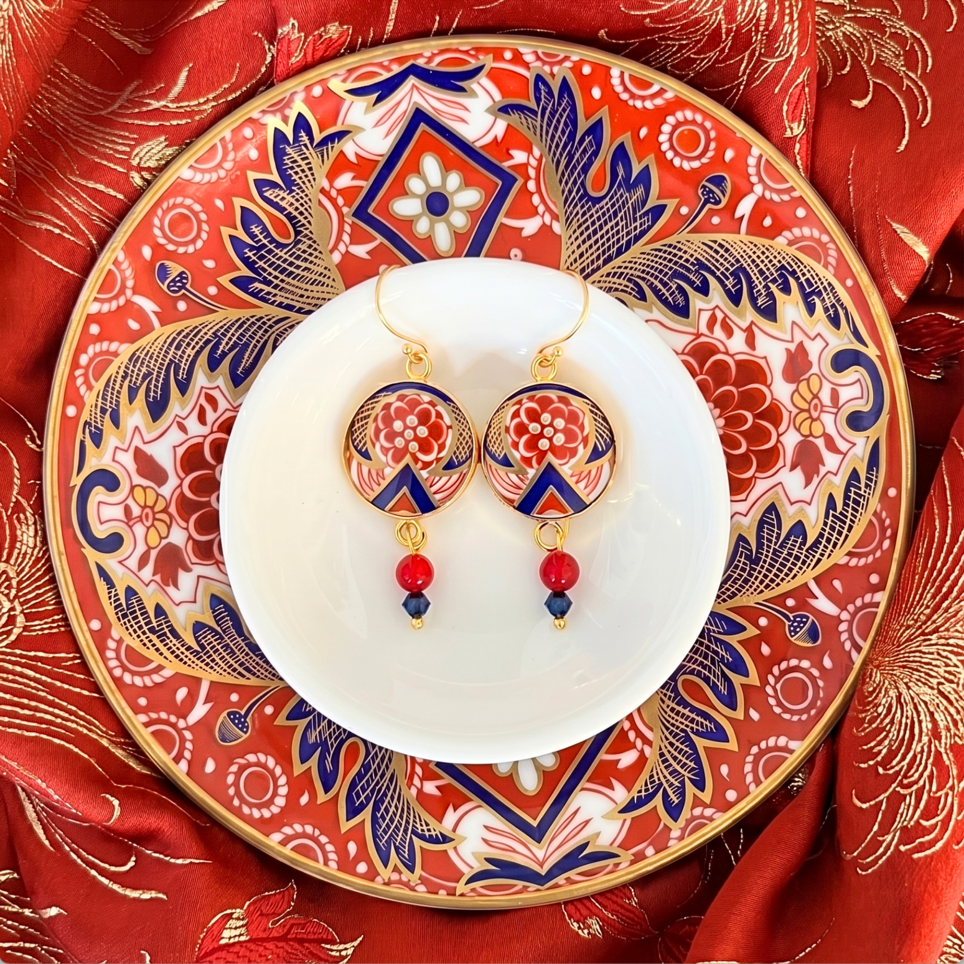 Antique Royal Crown Derby Imari Acanthus Earrings - Upcycled China Jewelry