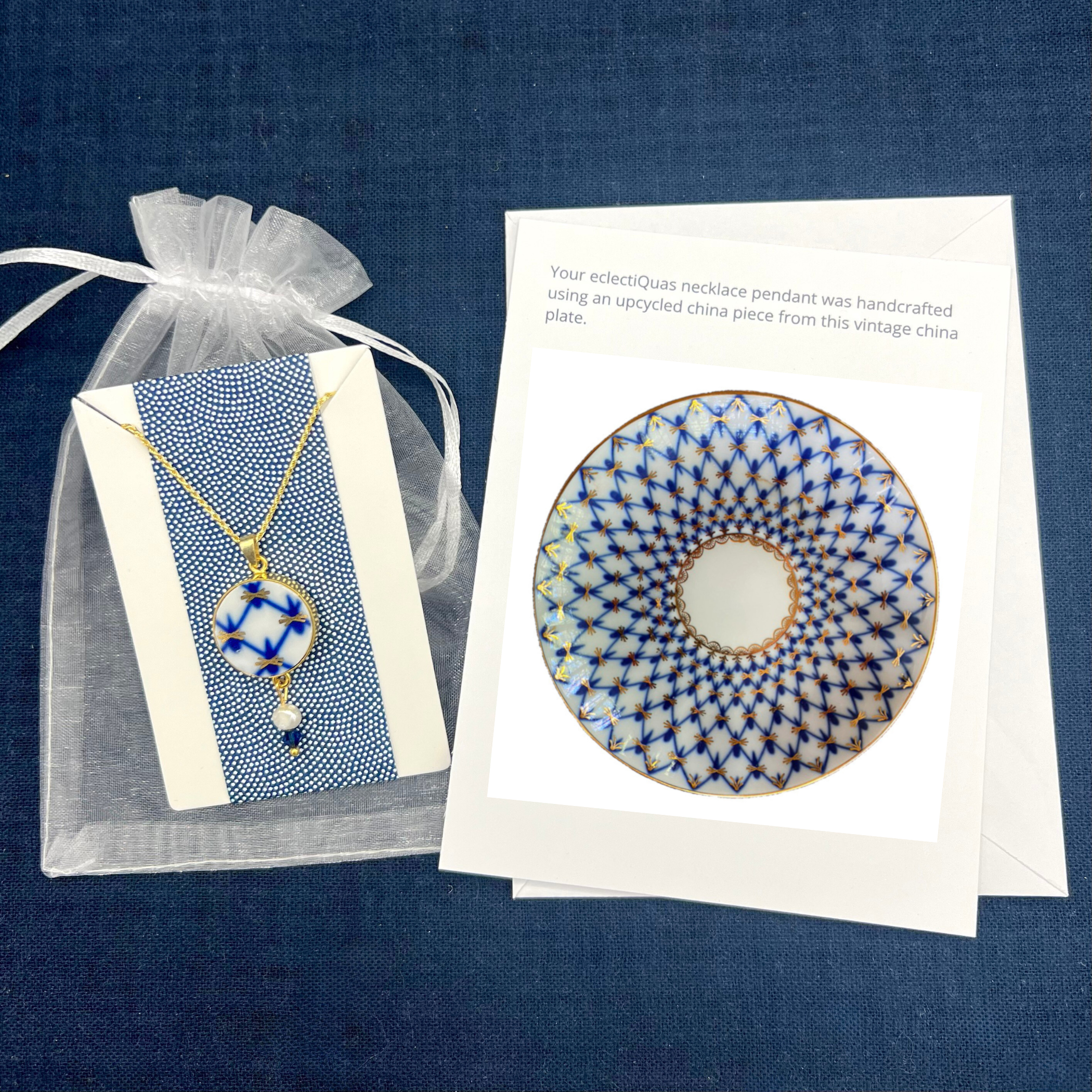 Lomonosov Cobalt Net Porcelain Necklaces, 18th Anniversary Gift for Wife, Broken China Jewelry