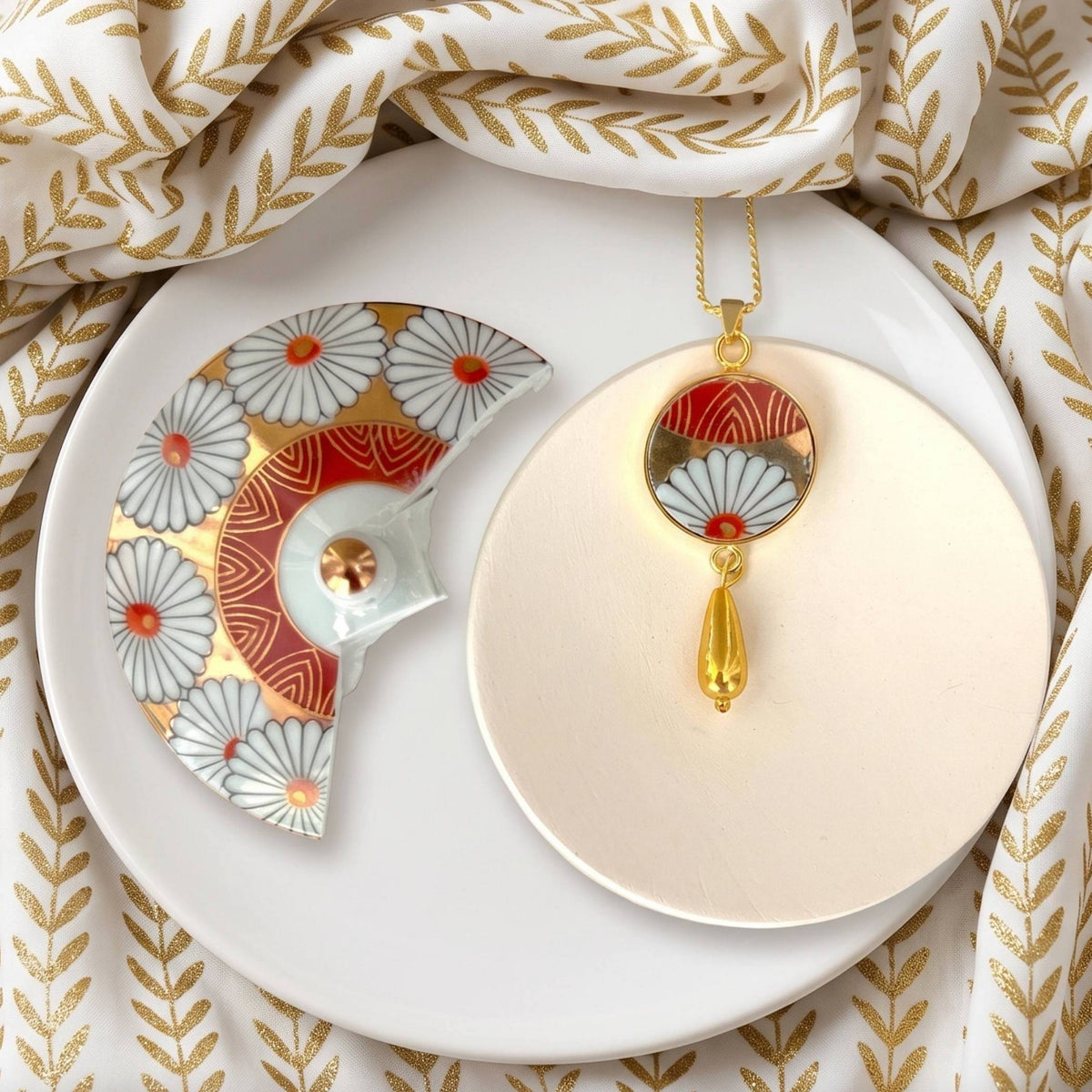 Long Artisan Imari Porcelain Necklace handcrafted from a Japanese Arita Yaki Yunomi, Gold Fall Floral China Jewelry Gift for Autumn Birthday