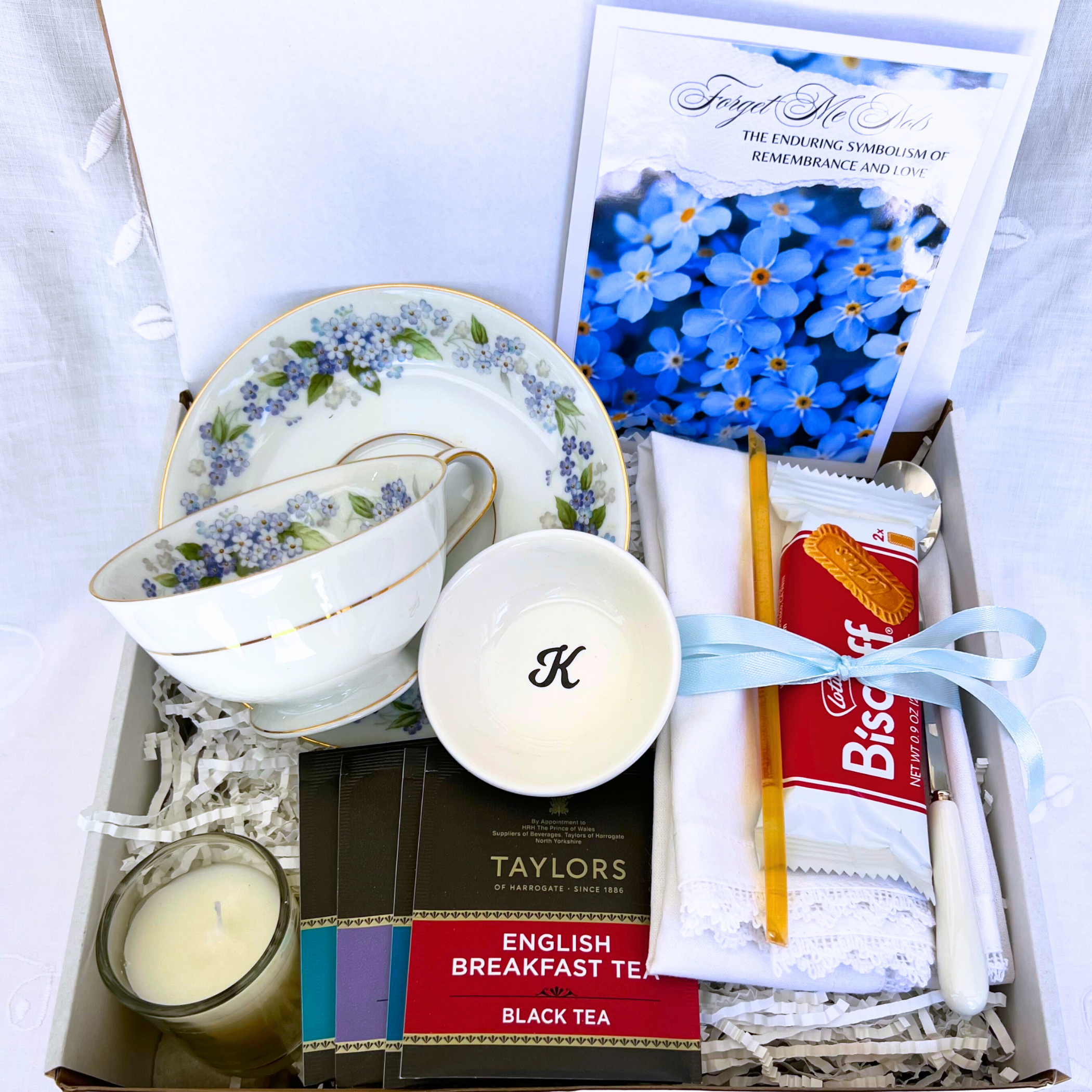 Forget Me Not Care Package with Vintage Tea Cup and Handmade Jewelry