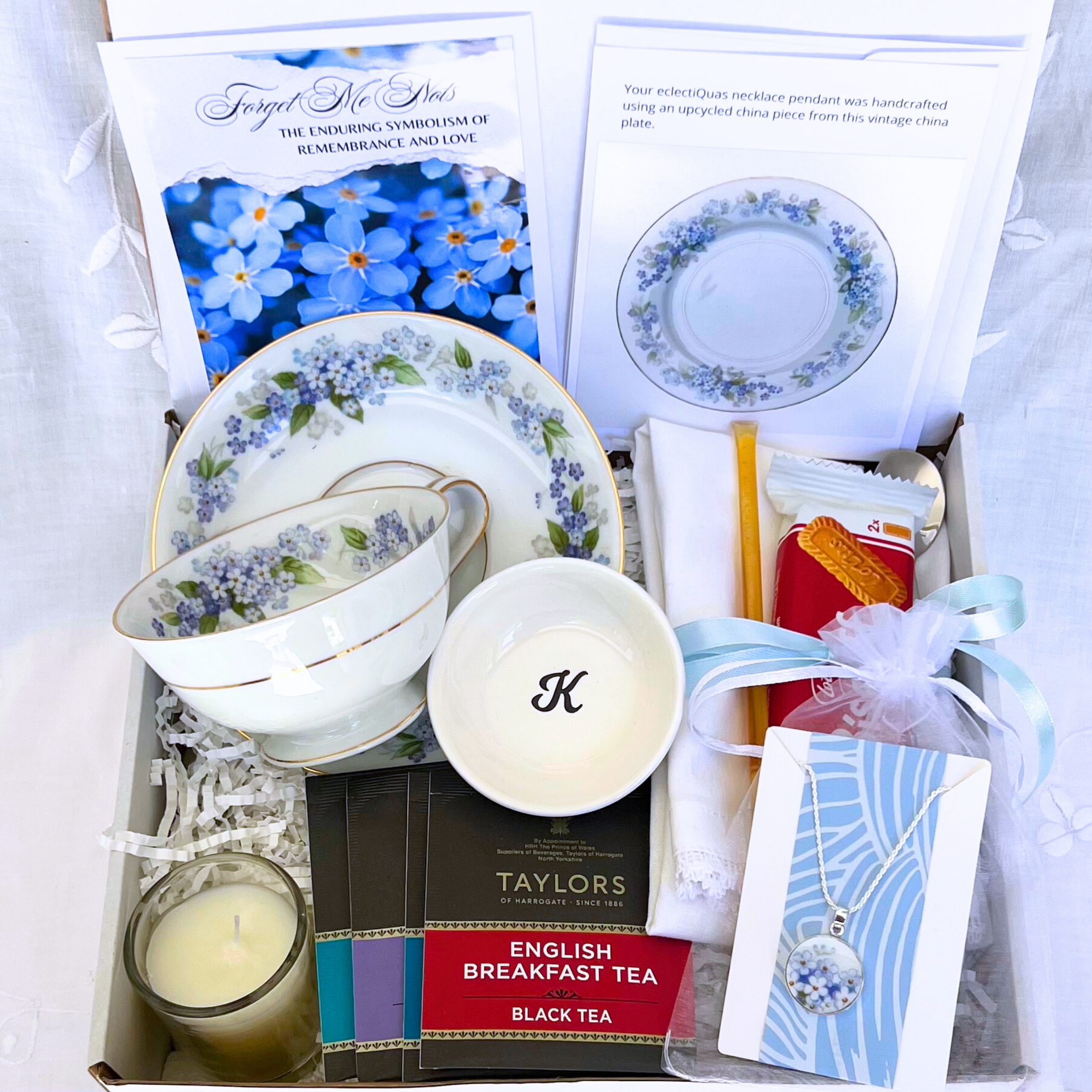 Forget Me Not Care Package with Vintage Tea Cup and Handmade Jewelry