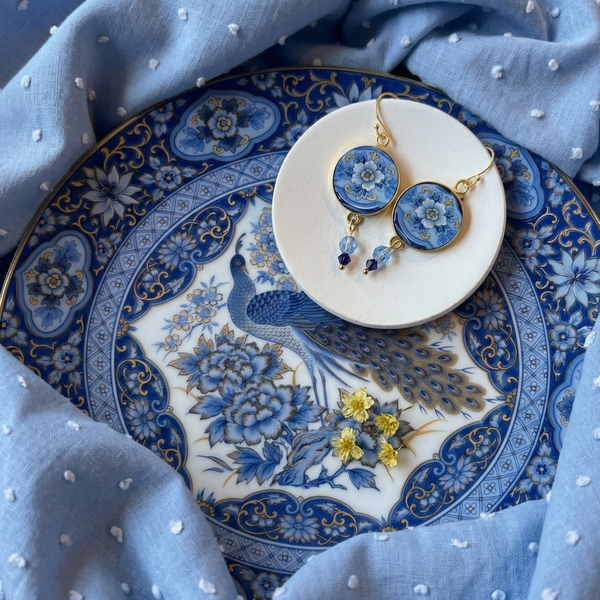 Bijoux Art Deco Porcelain Dangly Earrings handmade with Repurposed China & Swarovski Clusters