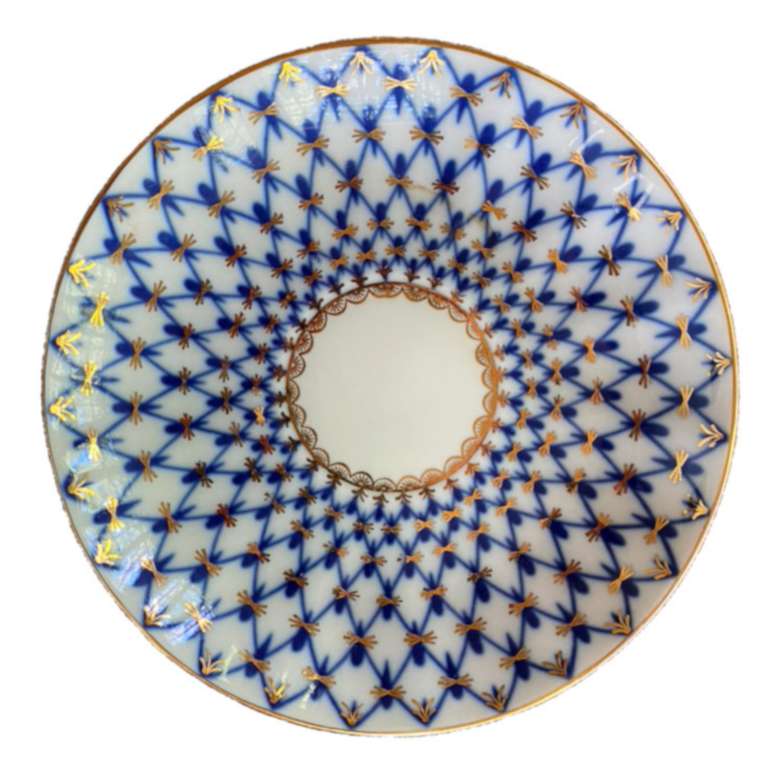 Authentic Lomonosov Cobalt Net pattern detail showing hand-painted blue and gold royal design