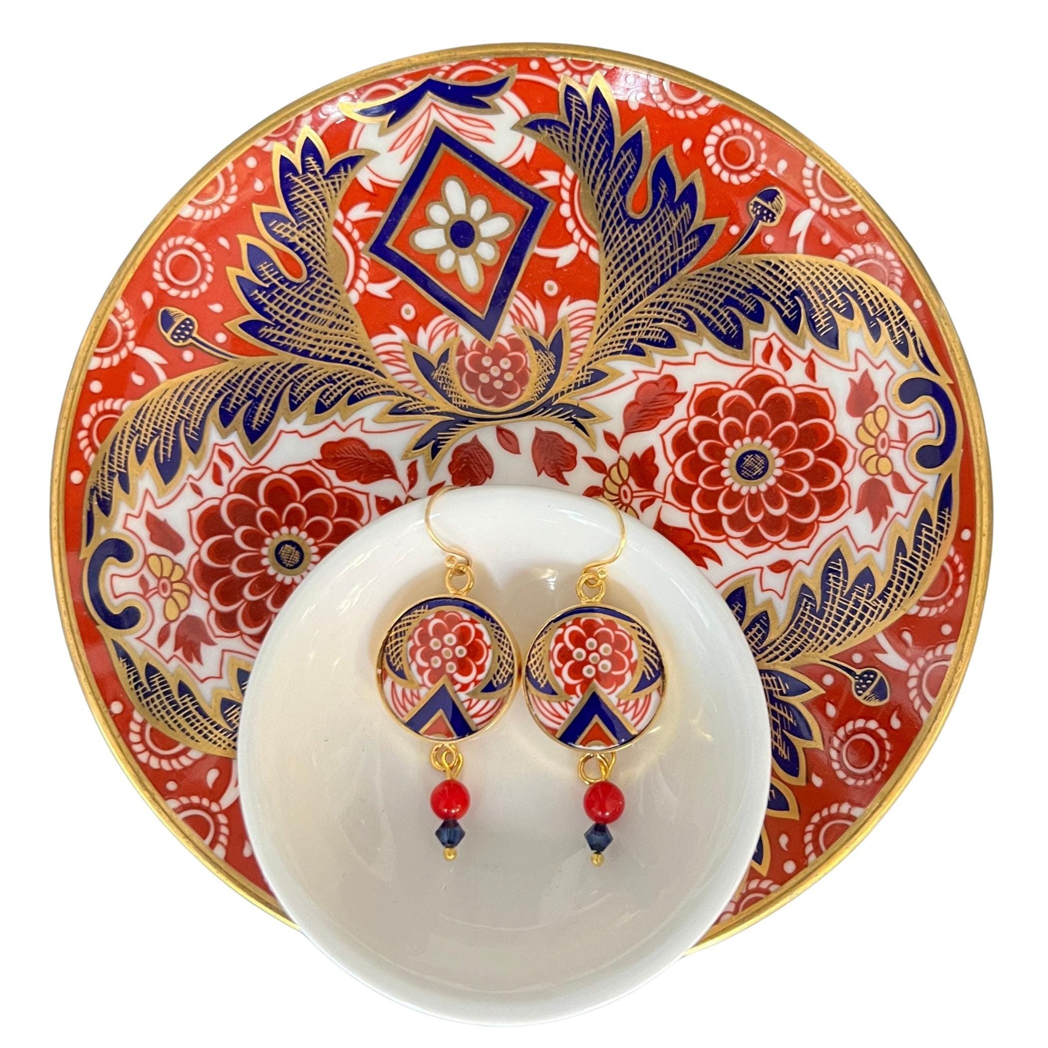 Unique Gold Indigo Red Floral China Earrings upcycled with Antique Royal Crown Derby Imari Porcelain in the Acanthus China Pattern, Eclectic Indie Jewelry Gift for Her