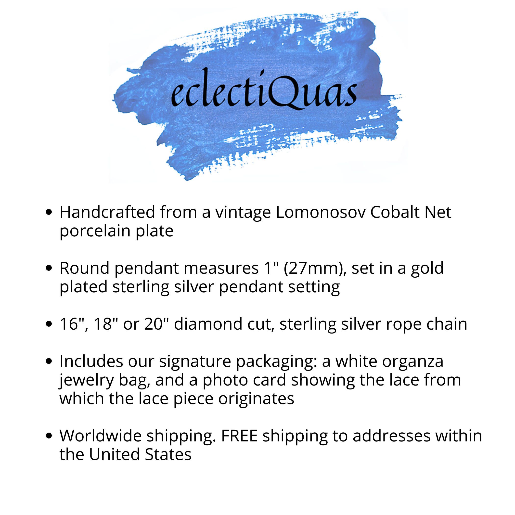 Lomonosov Cobalt Net Porcelain Necklaces, 18th Anniversary Gift for Wife, Broken China Jewelry