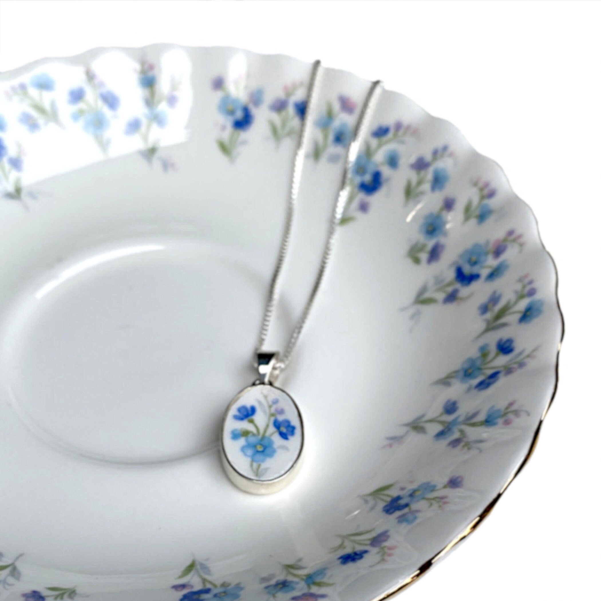 Forget me not necklace handmade from Royal Albert Memory Lane china pattern, broken china jewelry gift for her 18th anniversary