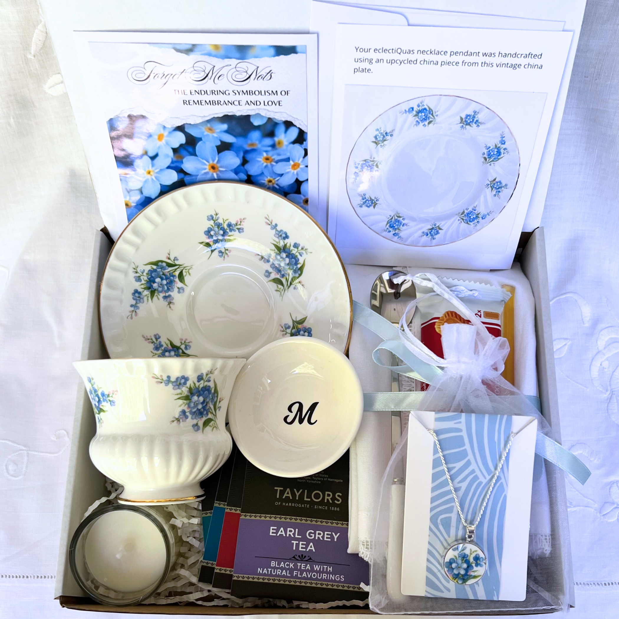 Forget Me Not Care Package with Vintage Tea Cup and Handmade Jewelry