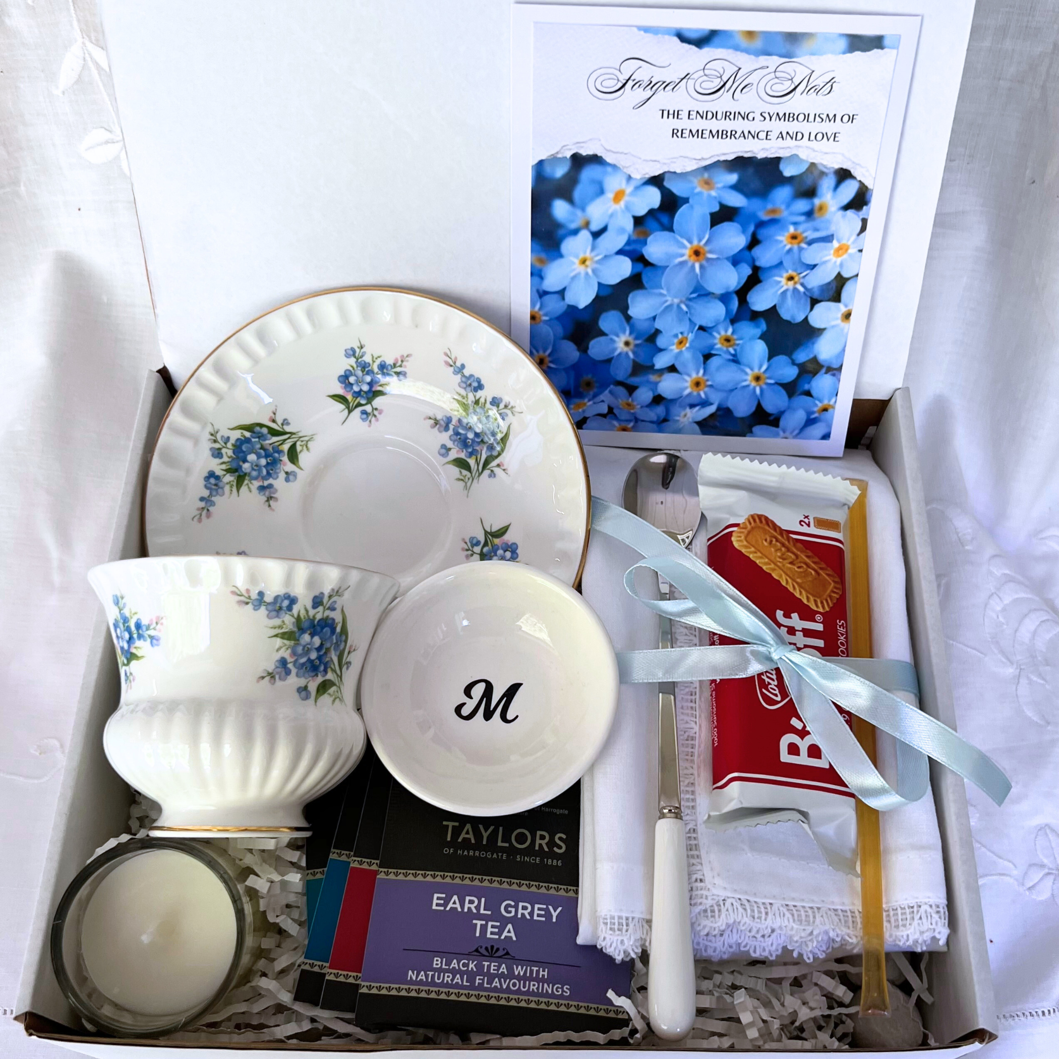 Forget Me Not Care Package with Vintage Tea Cup and Handmade Jewelry