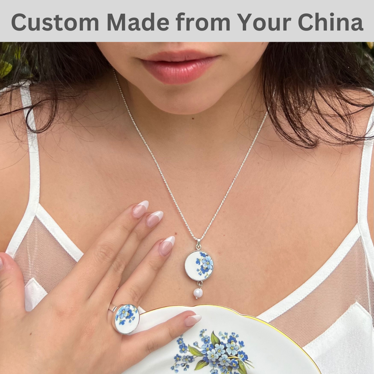 CUSTOM ORDER China Pendant Necklace with Dangle & China Ring Set, Broken China Jewelry Made from Your China