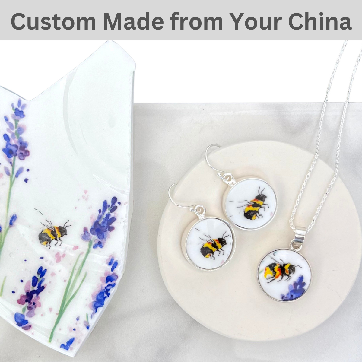 CUSTOM ORDER Broken China Jewelry Set, Small Round China Earrings & Necklace Made from Your China