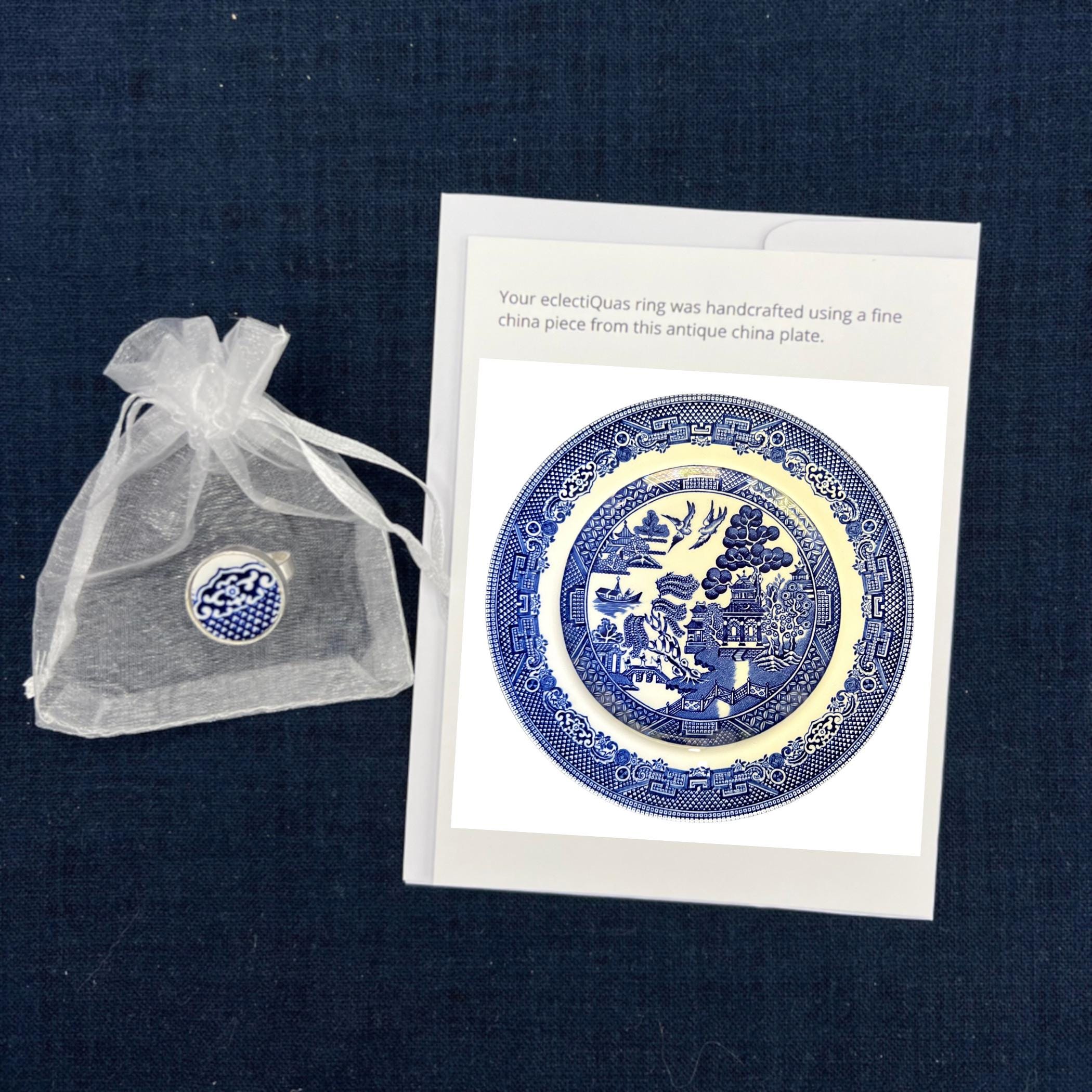 Blue Willow Broken China Jewelry Rings upcycled with Sterling Silver, Vintage Chinoiserie Blue and White China Statement Ring Gift for Women