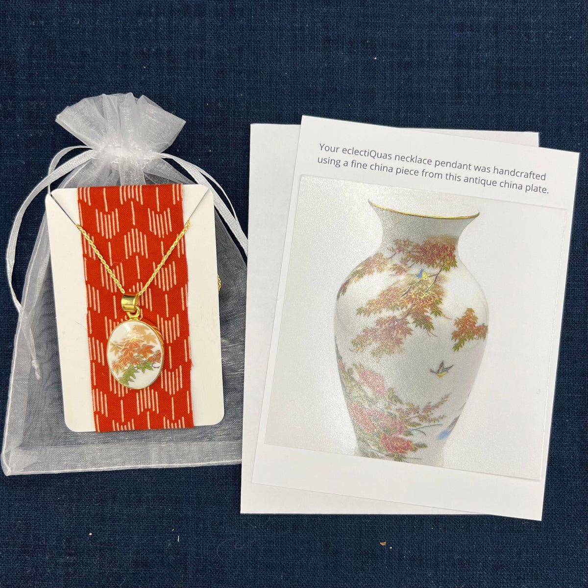 Fall maple leaf jewelry set packaged in a white organza jewelry bag with a photo card showing the source Imari porcelain.