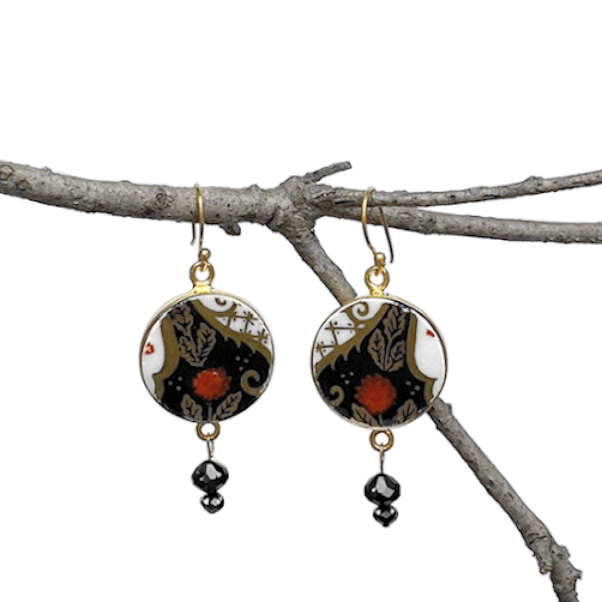 Upcycled Abbeydale Chrysanthemum Imari China Earrings with Black Swarovski Crystals