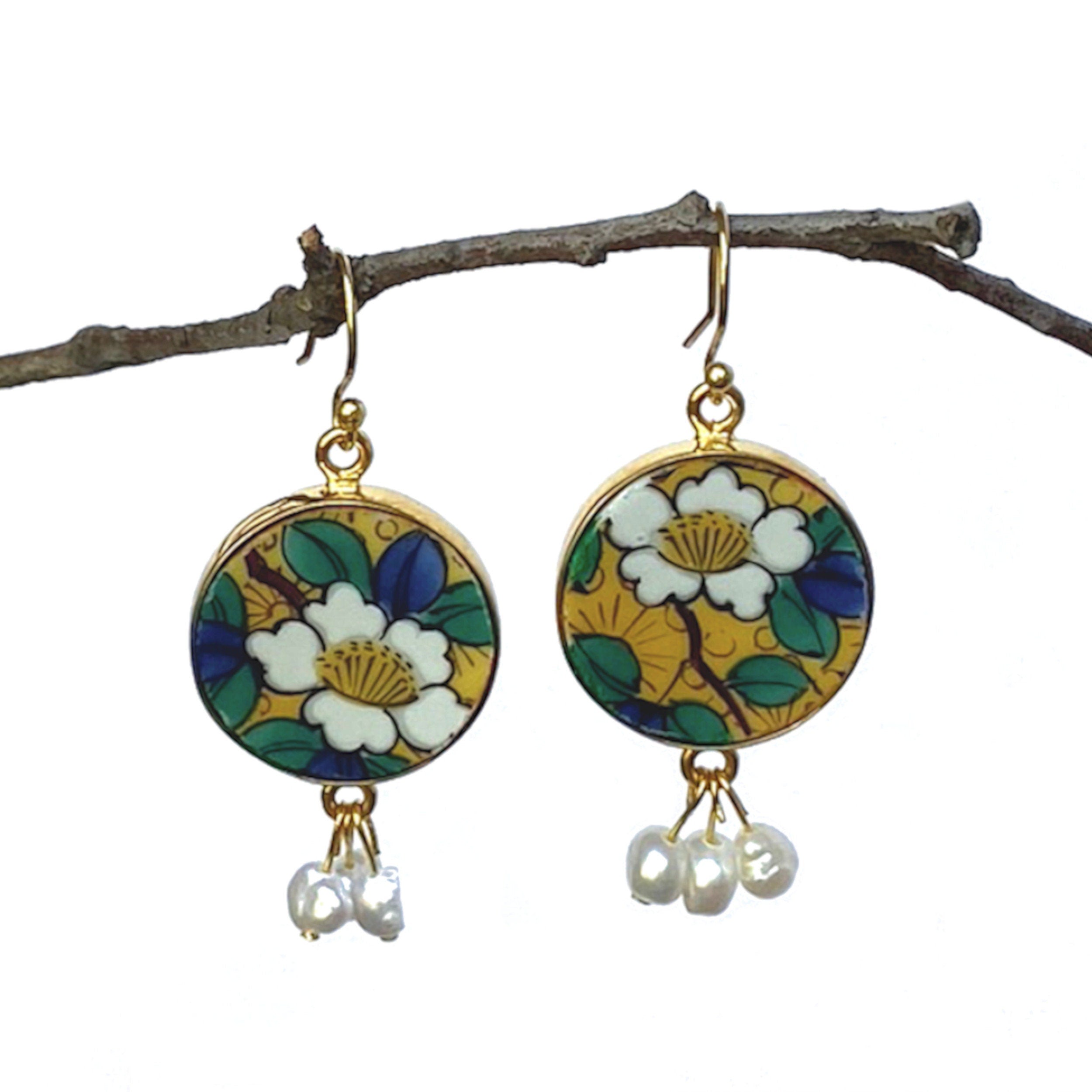 Japanese White Floral Kutani Porcelain Earrings with Vintage Takahashi San Francisco China