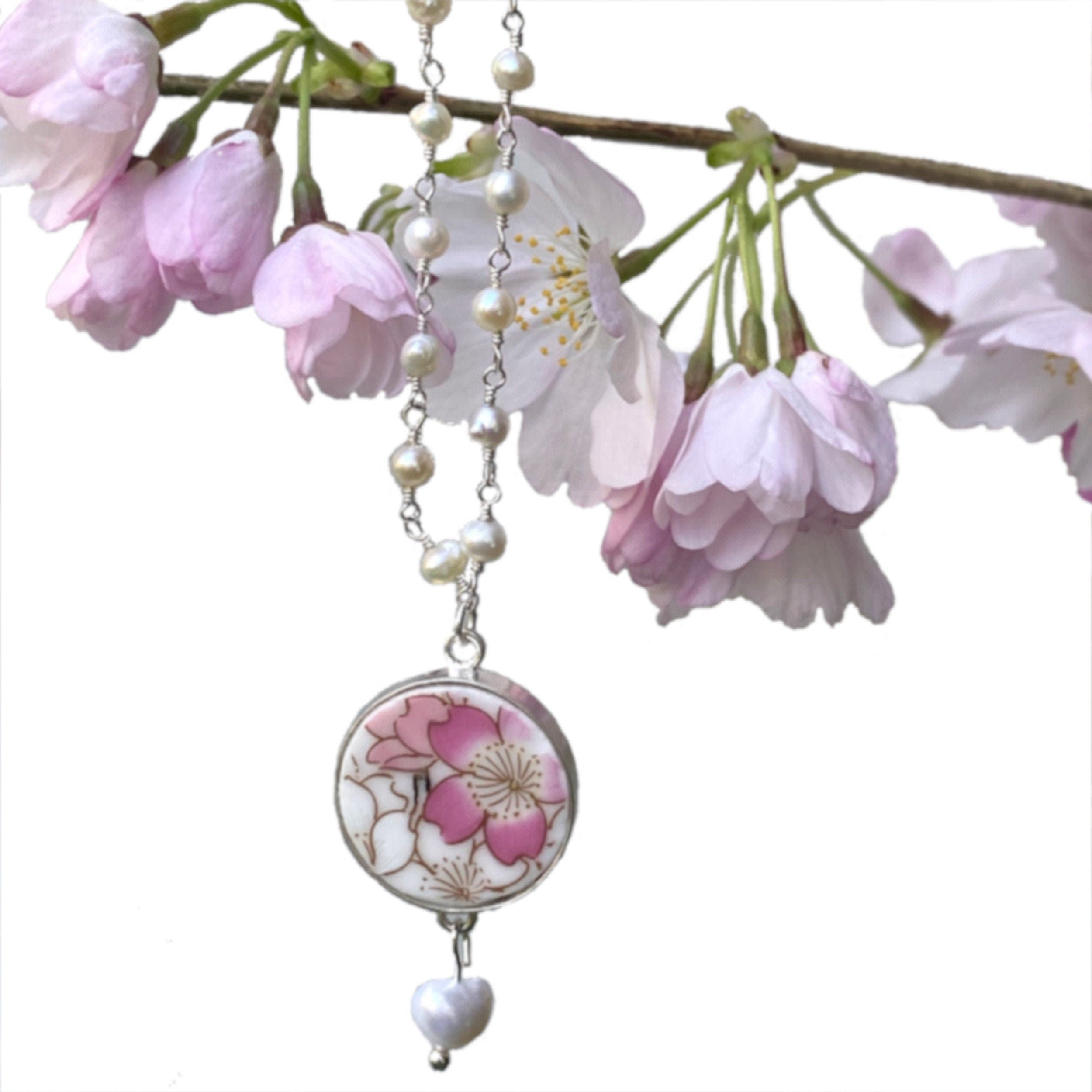 Cherry Blossom Necklace handmade with Pink Sakura Upcycled Porcelain