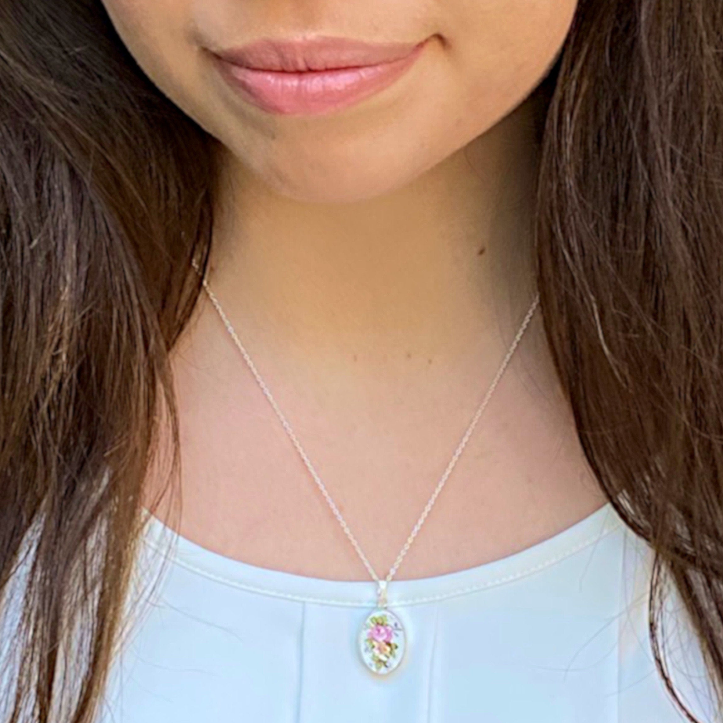 French Limoges China Necklace handmade from an Upcycled China Plate & Sterling Silver