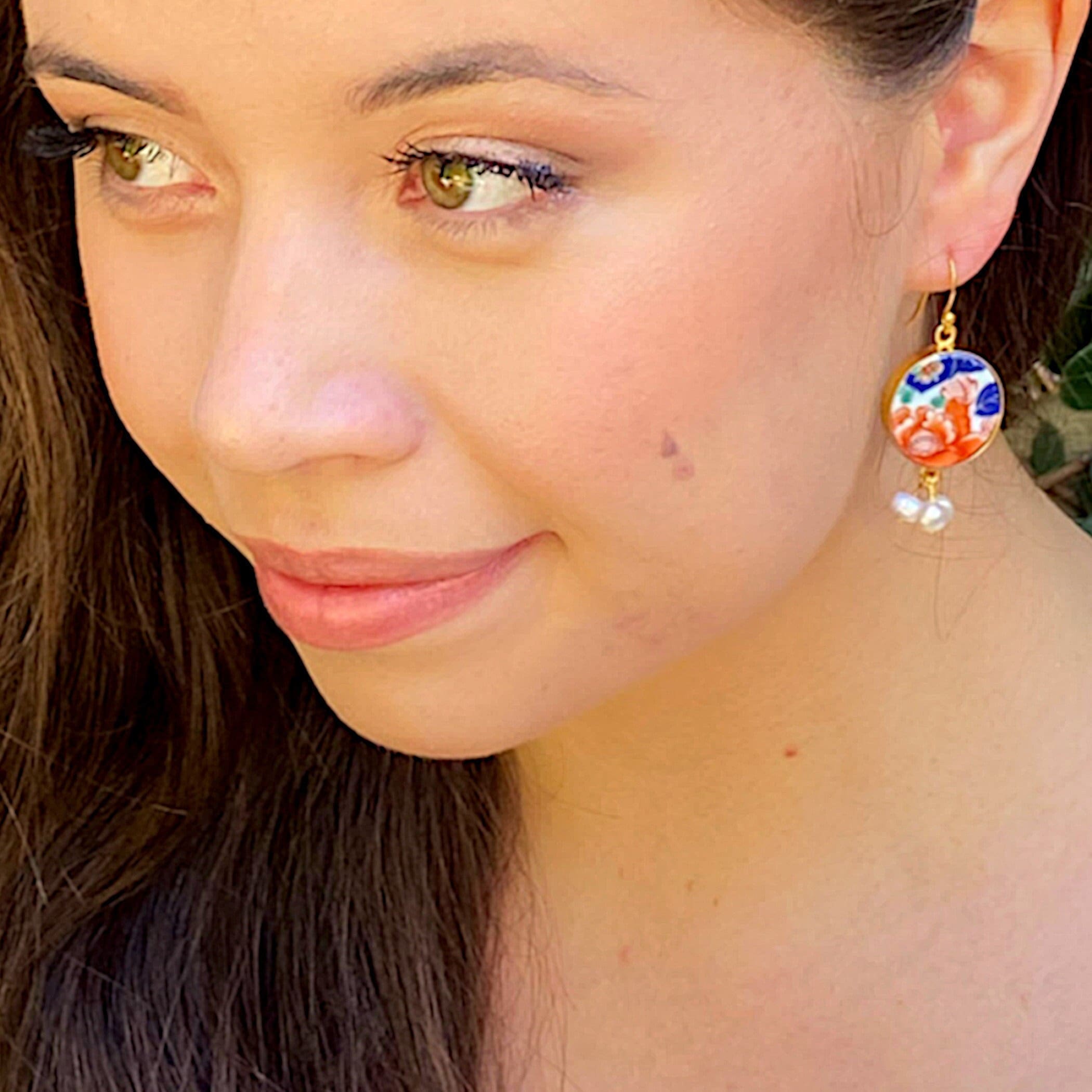 Autumn Peony Porcelain Dangle Earrings handmade with Kutani Imari Porcelain, Unique Indie Jewelry Gift for Her November Birthday