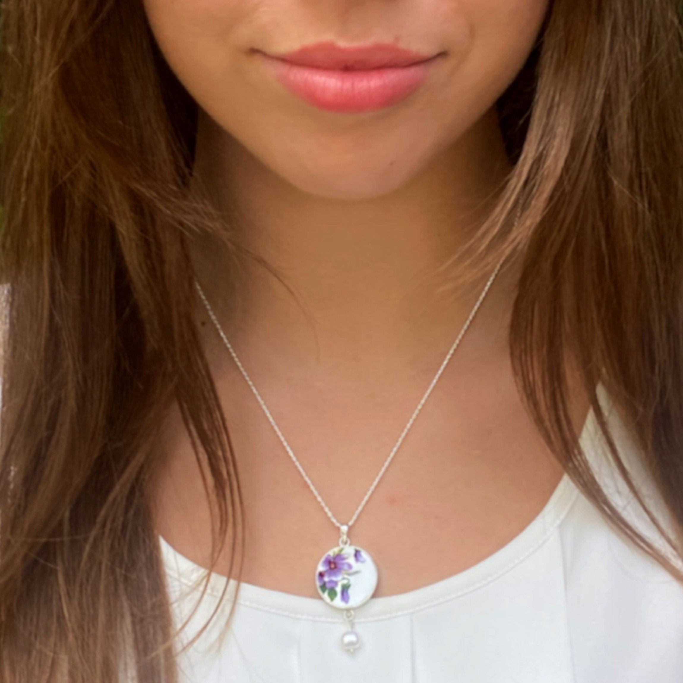 Purple Violet Flower China Necklace handmade with Dainty Vintage China