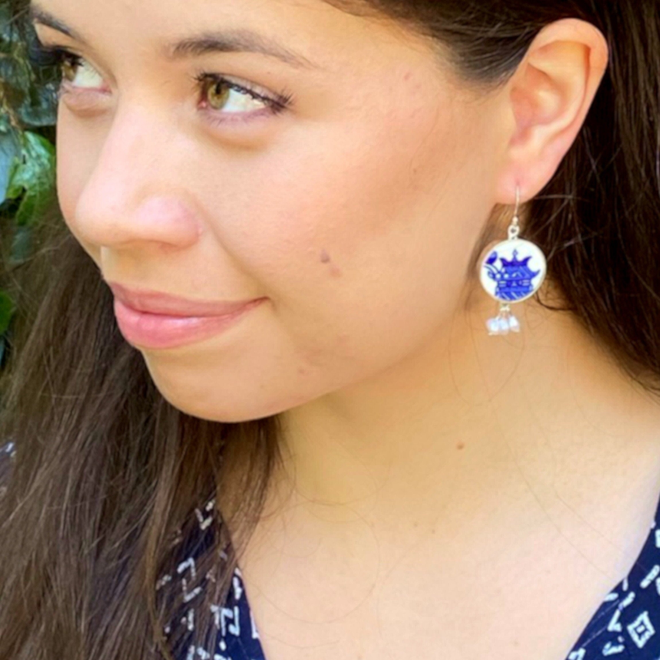 Blue Willow China Earrings with Japanese Pagodas & Tiny Pearl Clusters