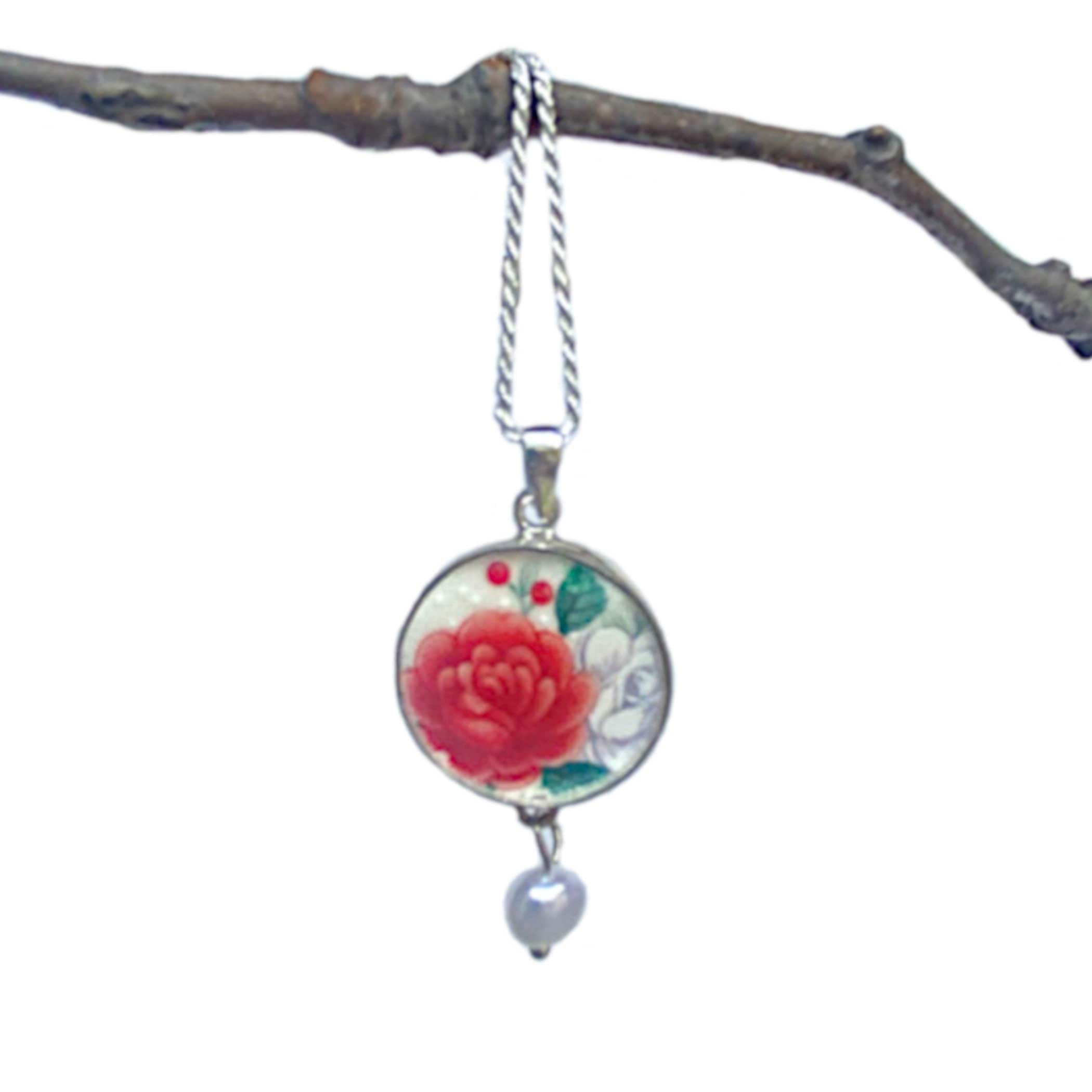 Vintage Christmas China Necklace, a diamond cut, sterling silver, rope chain in 18in or 20in length, paired with a sterling silver pendant made from a repurposed china piece from a vintage Red Rose china plate.