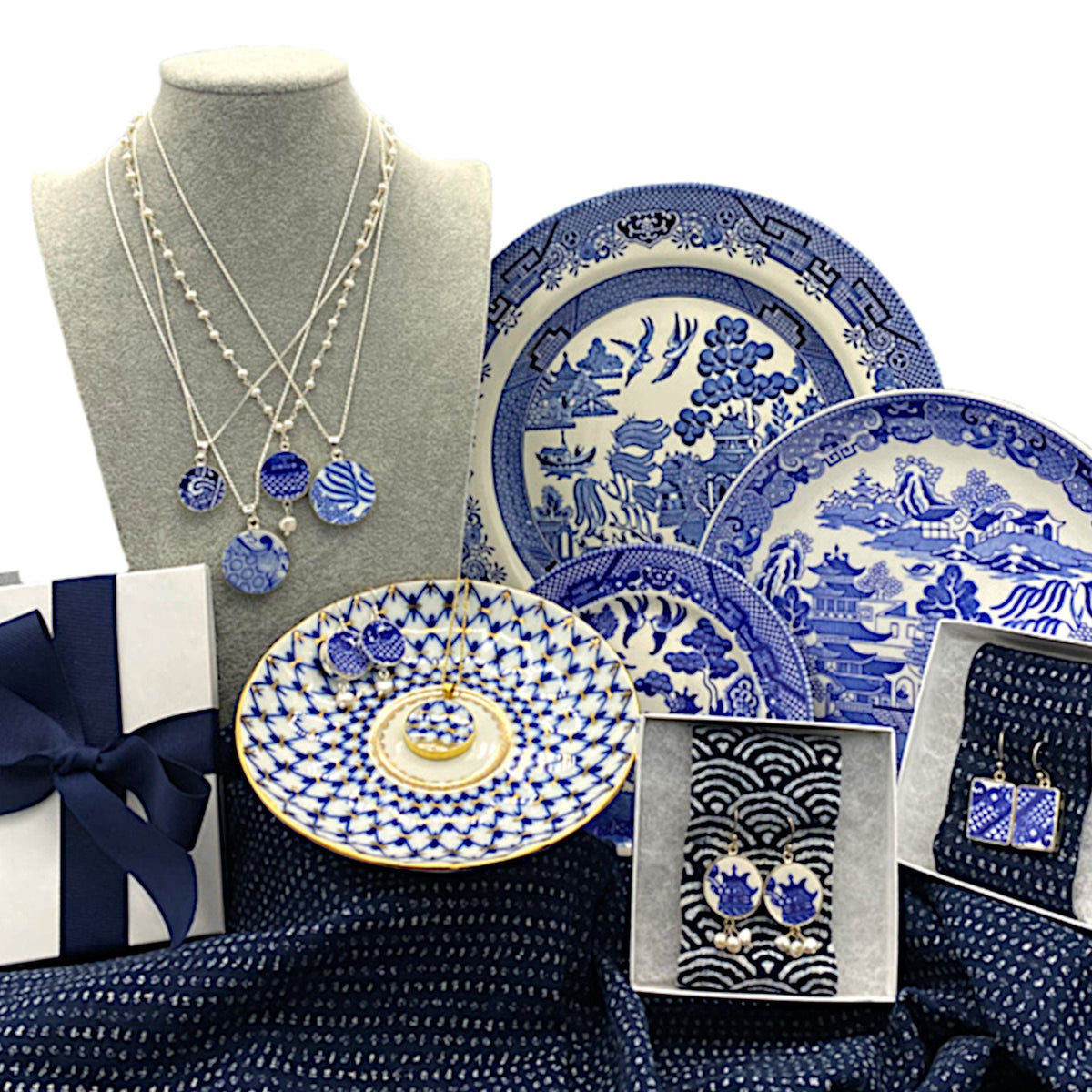 Dainty Blue Willow China Pendants with Sterling Silver or Lapis Lazuli Beaded Necklace, Blue and White Broken China Jewelry Christmas Gift