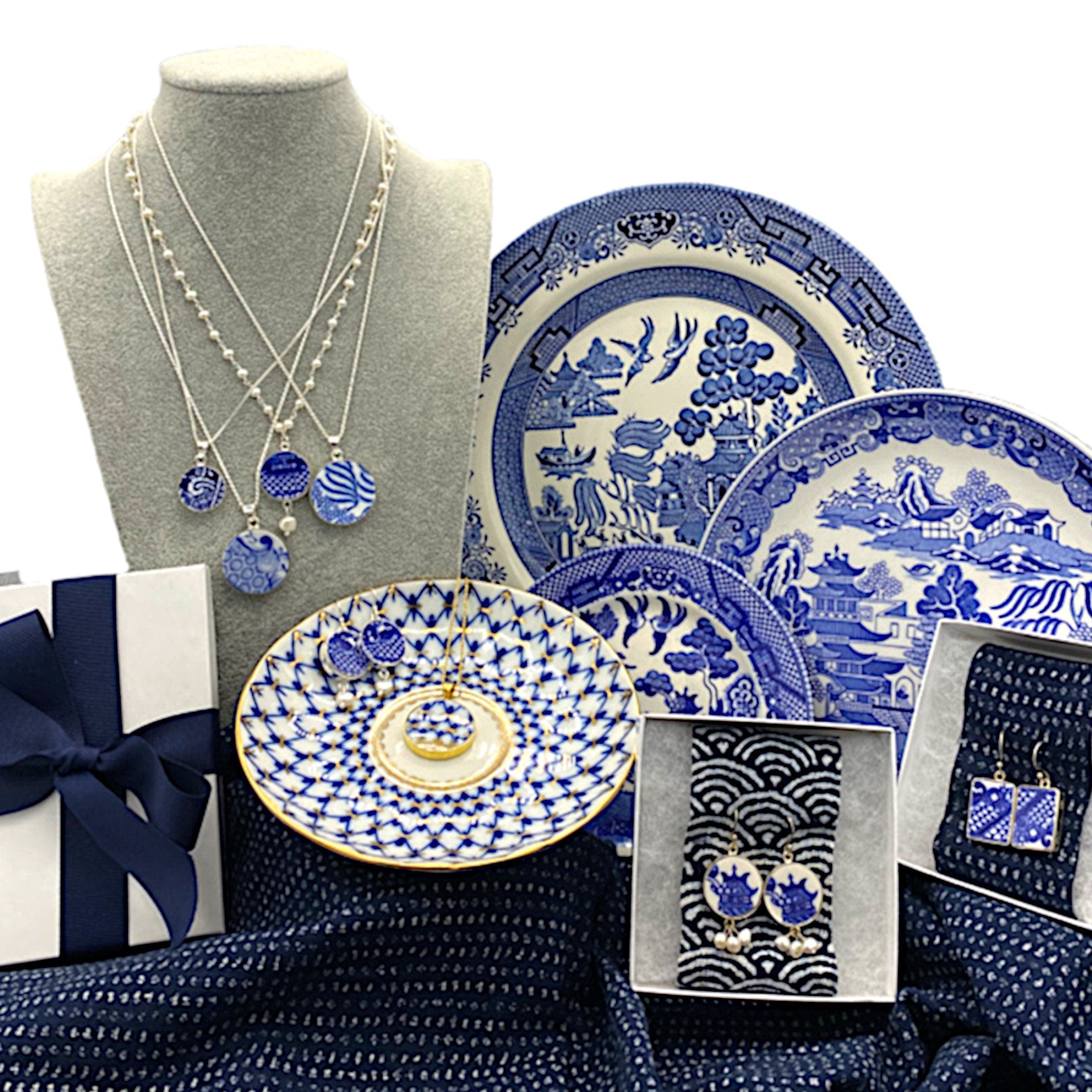 Love Birds Blue Willow China Necklace with Dainty Pearls & Sterling Silver, Chinoiserie China Jewelry, Thoughtful Porcelain Anniversary Gift