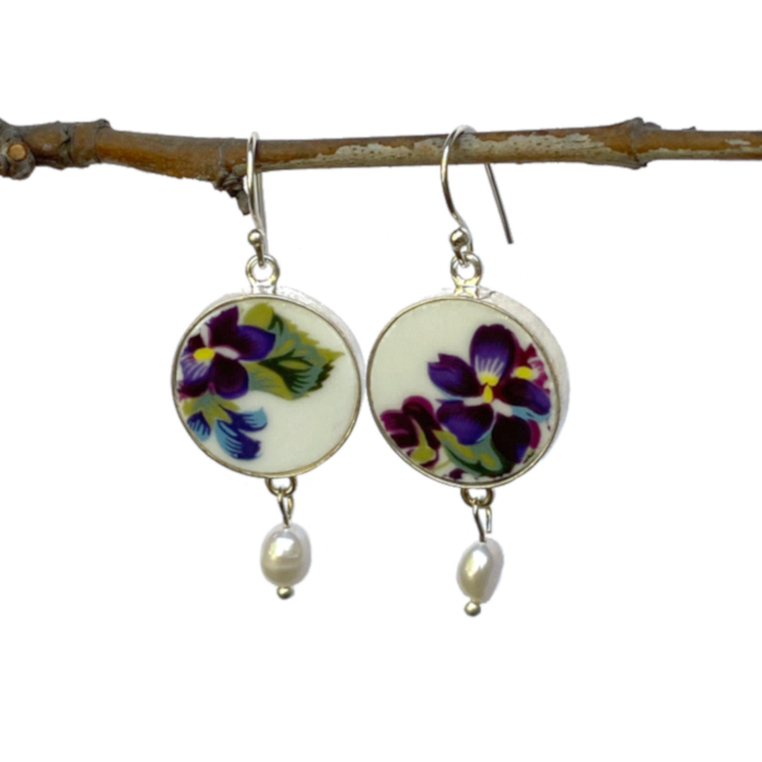 Purple Violet Flower China Earrings handmade with Vintage Royal Albert China