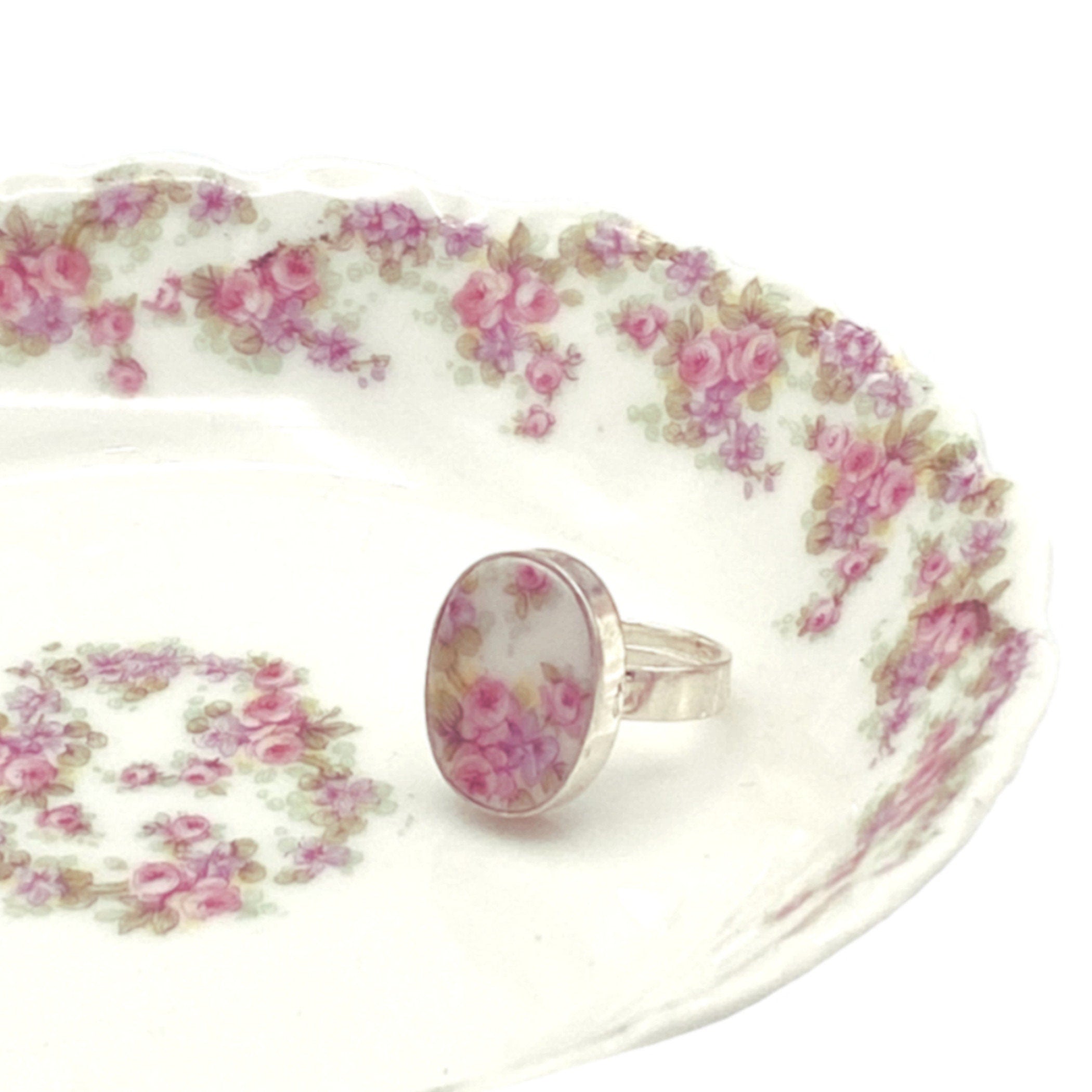 Elegant French Limoges porcelain rose ring, upcycled vintage china plate adjustable sterling silver romantic gift