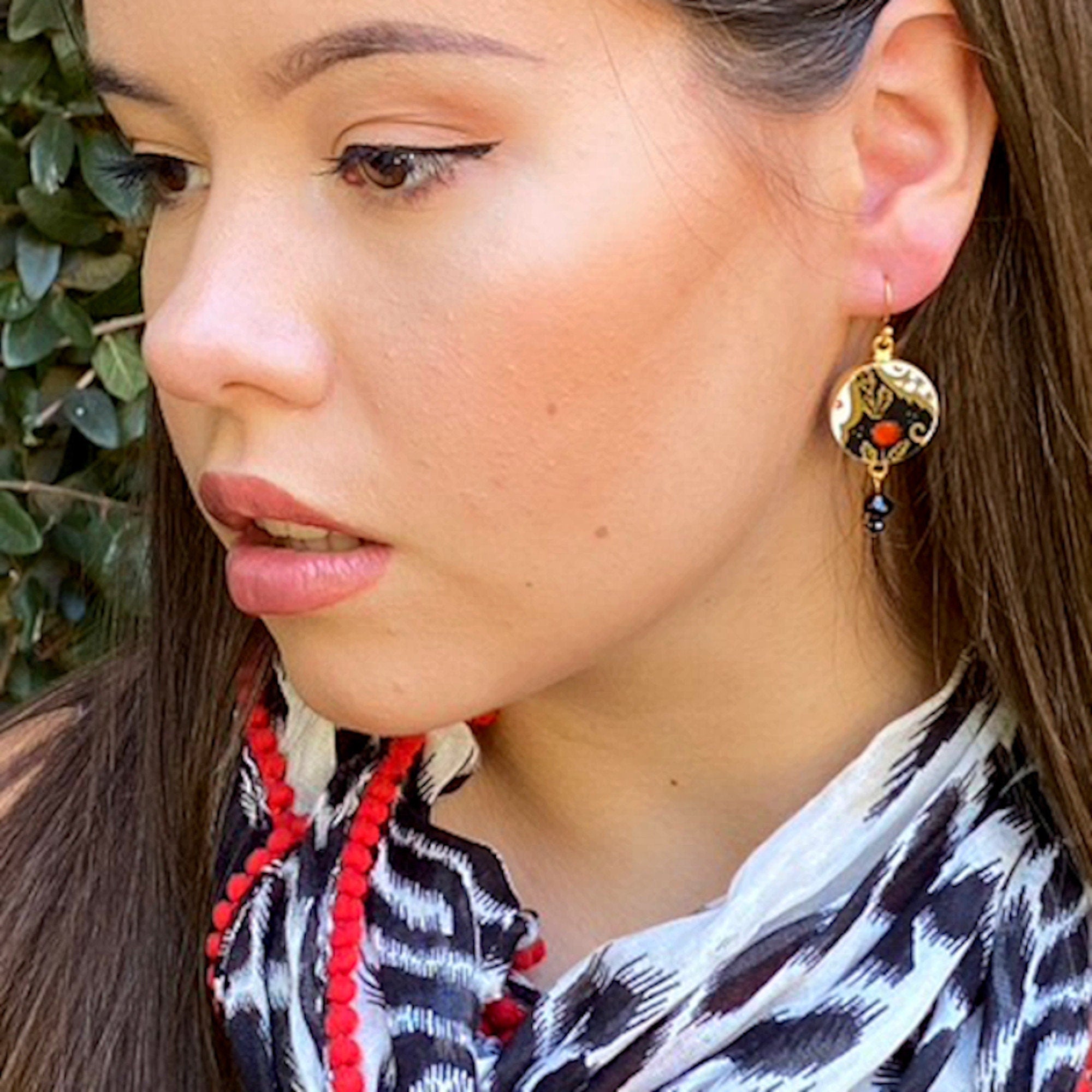 Upcycled Abbeydale Chrysanthemum Imari China Earrings with Black Swarovski Crystals