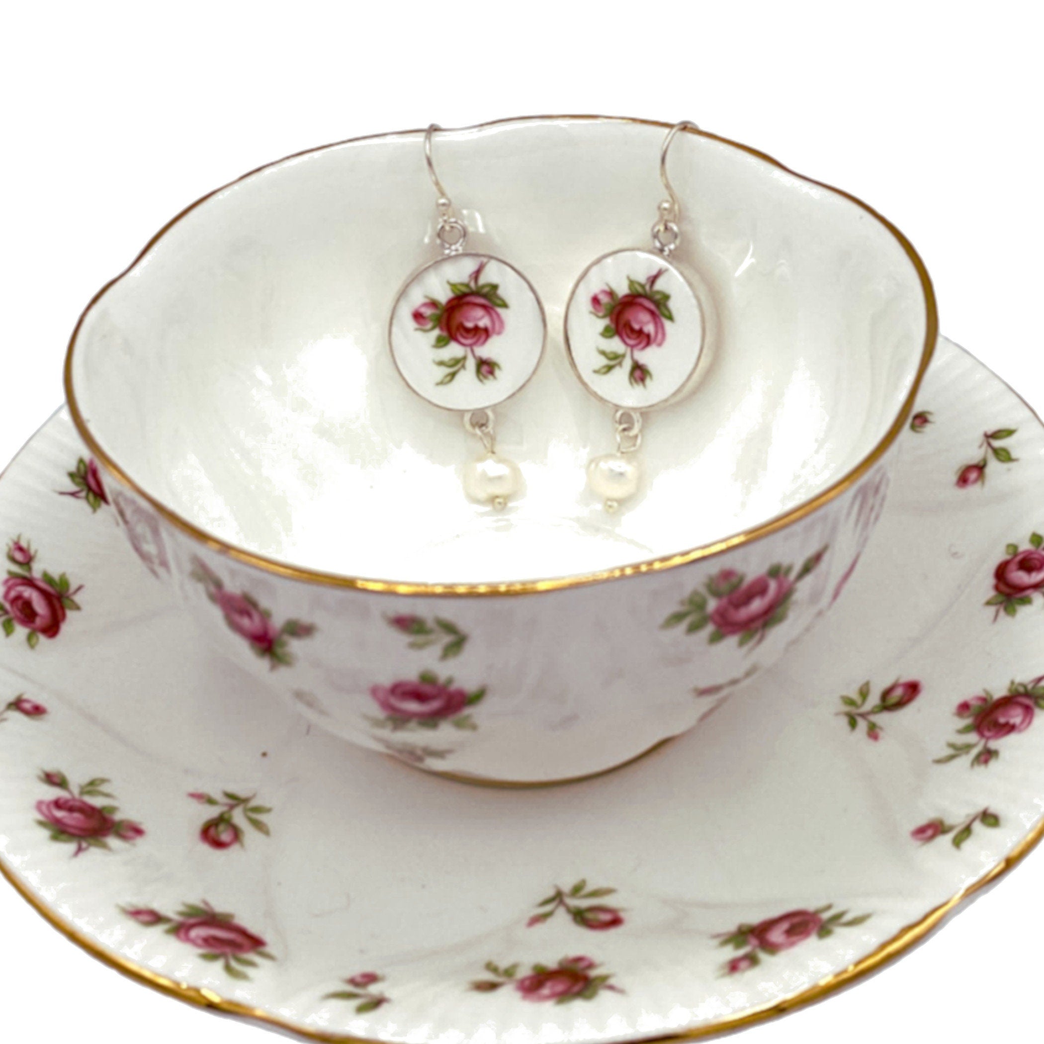Rose Broken China Earrings handmade with Vintage Royal Albert Rosalie China