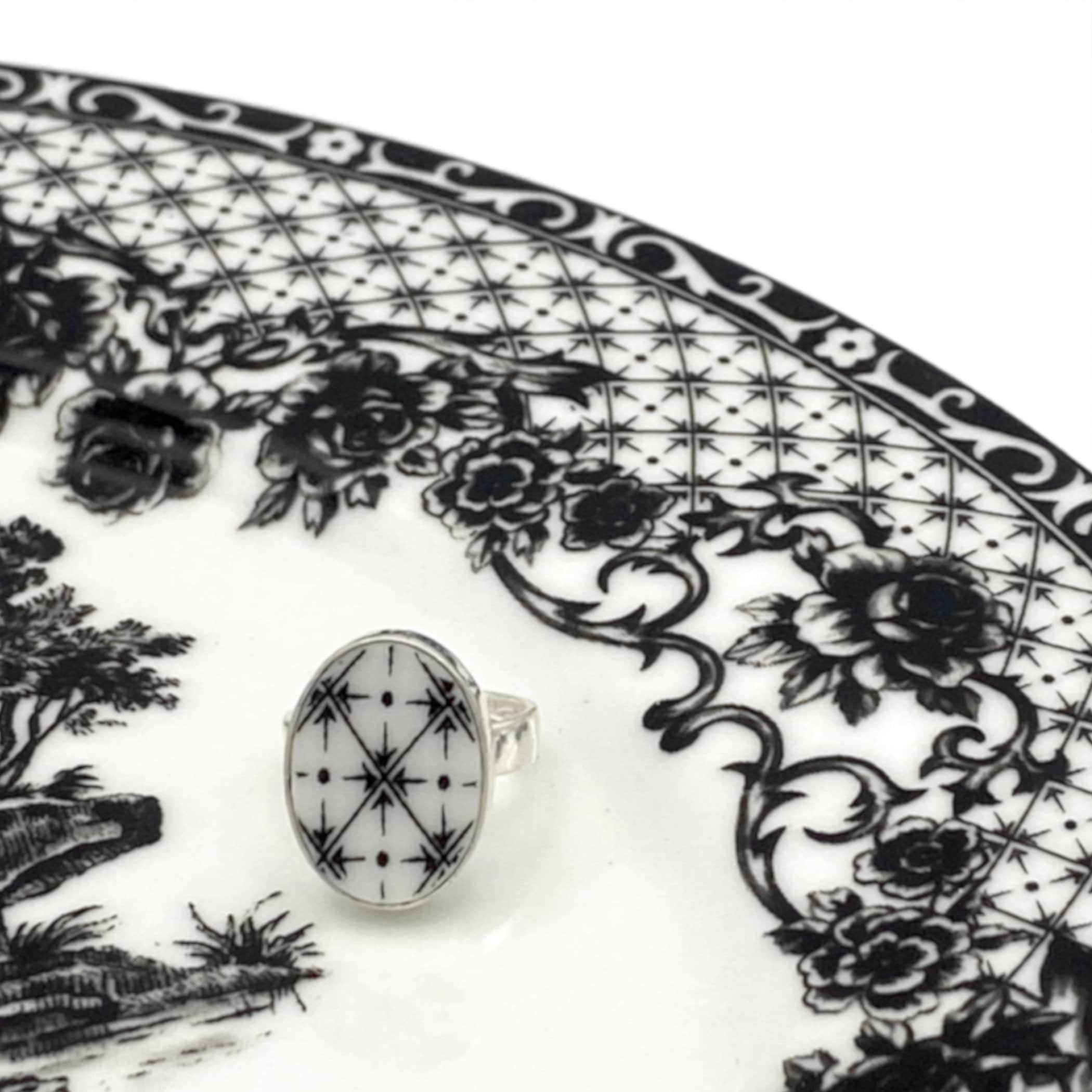 Black and White Oval Geometric China Ring handmade with Upcycled Black Transferware China, Statement Broken China Jewelry Ring Gift for Her