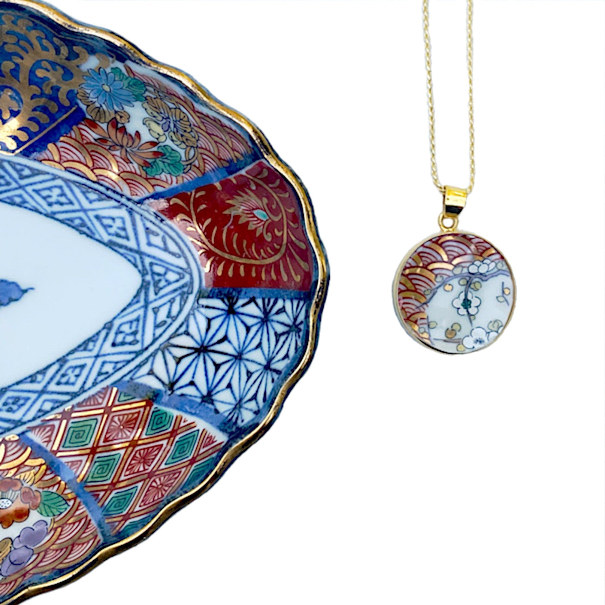 Upcycled Japanese Cherry Blossom Imari China Necklace with Sakura Pendant