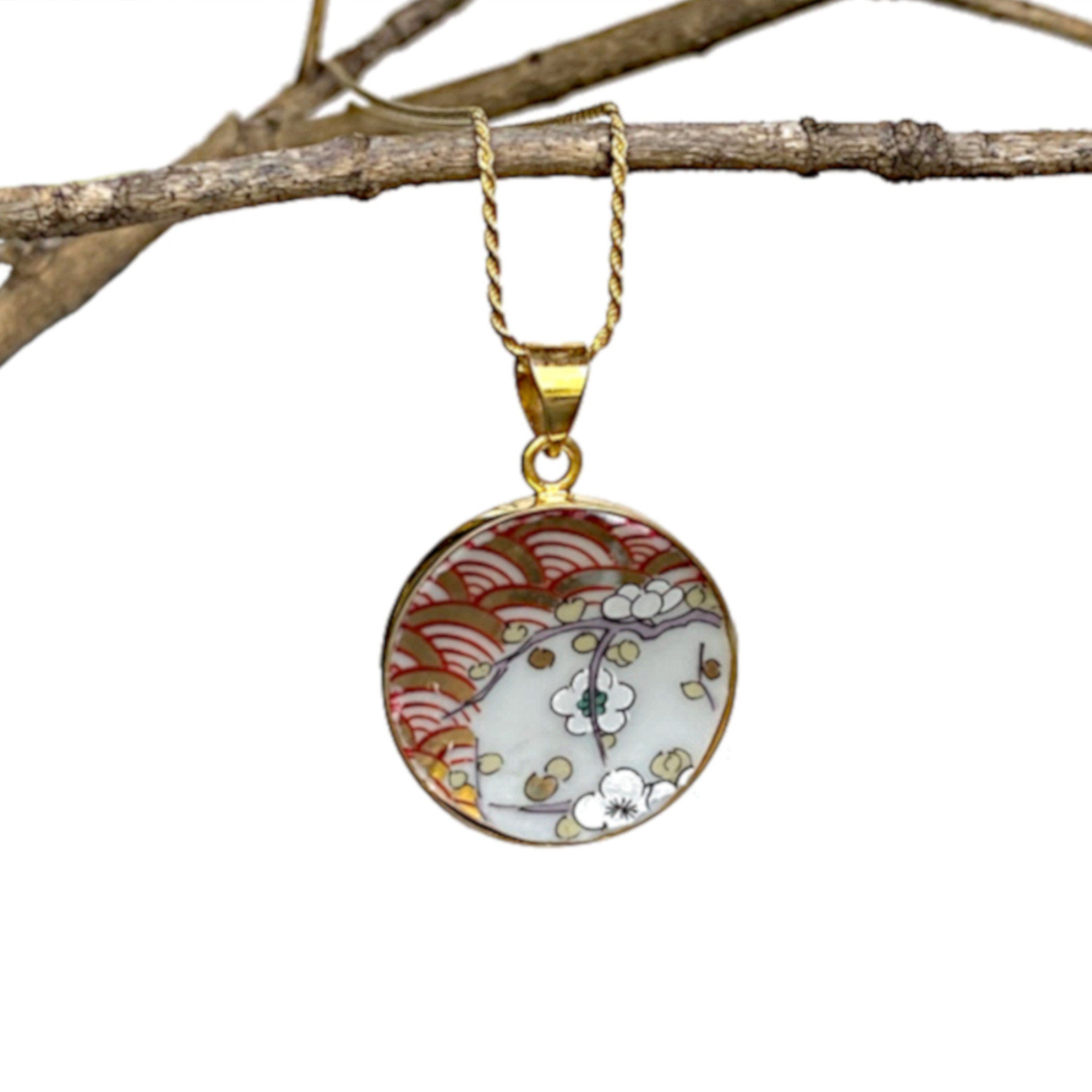 Upcycled Japanese Cherry Blossom Imari China Necklace with Sakura Pendant