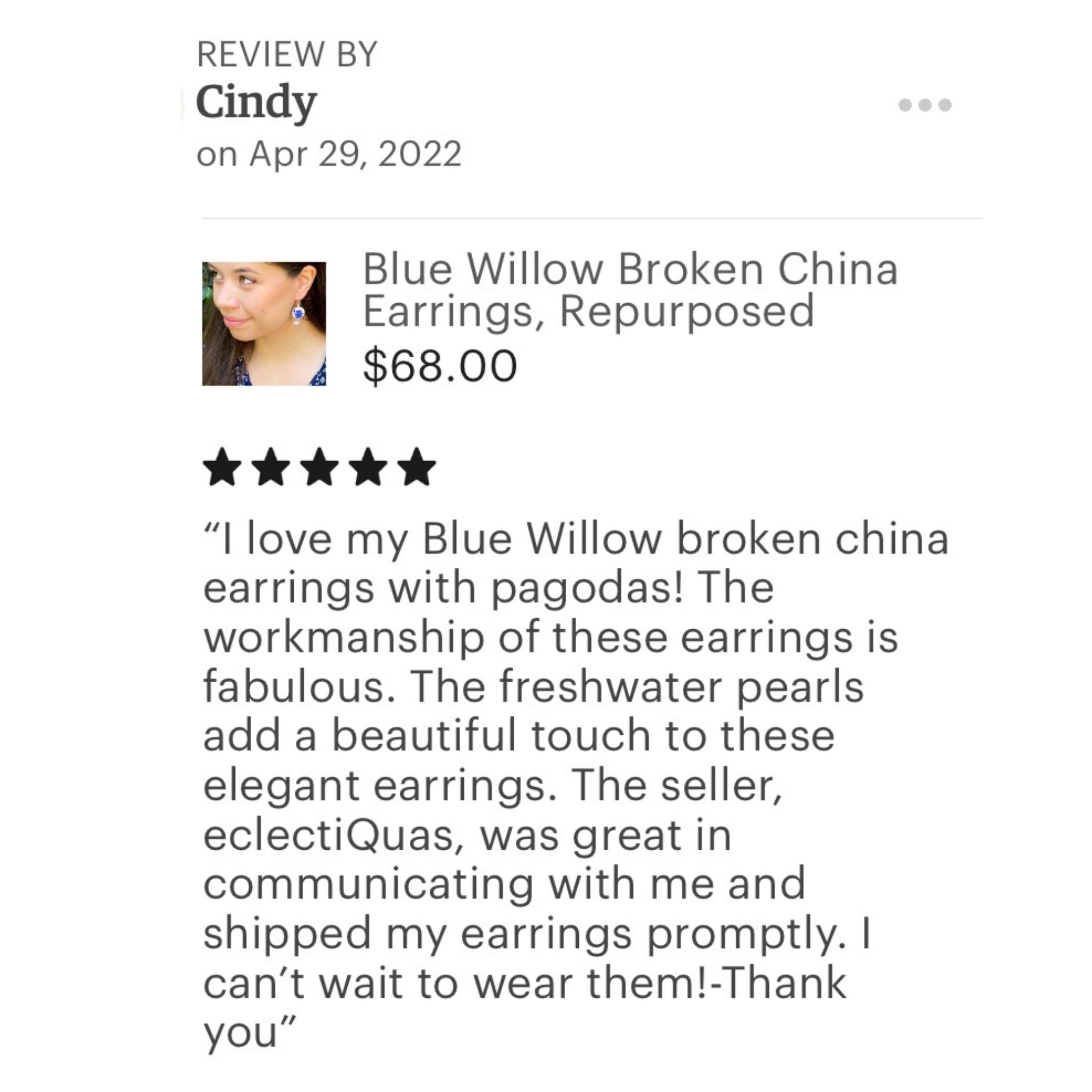 Blue Willow China Earrings with Japanese Pagodas & Tiny Pearl Clusters