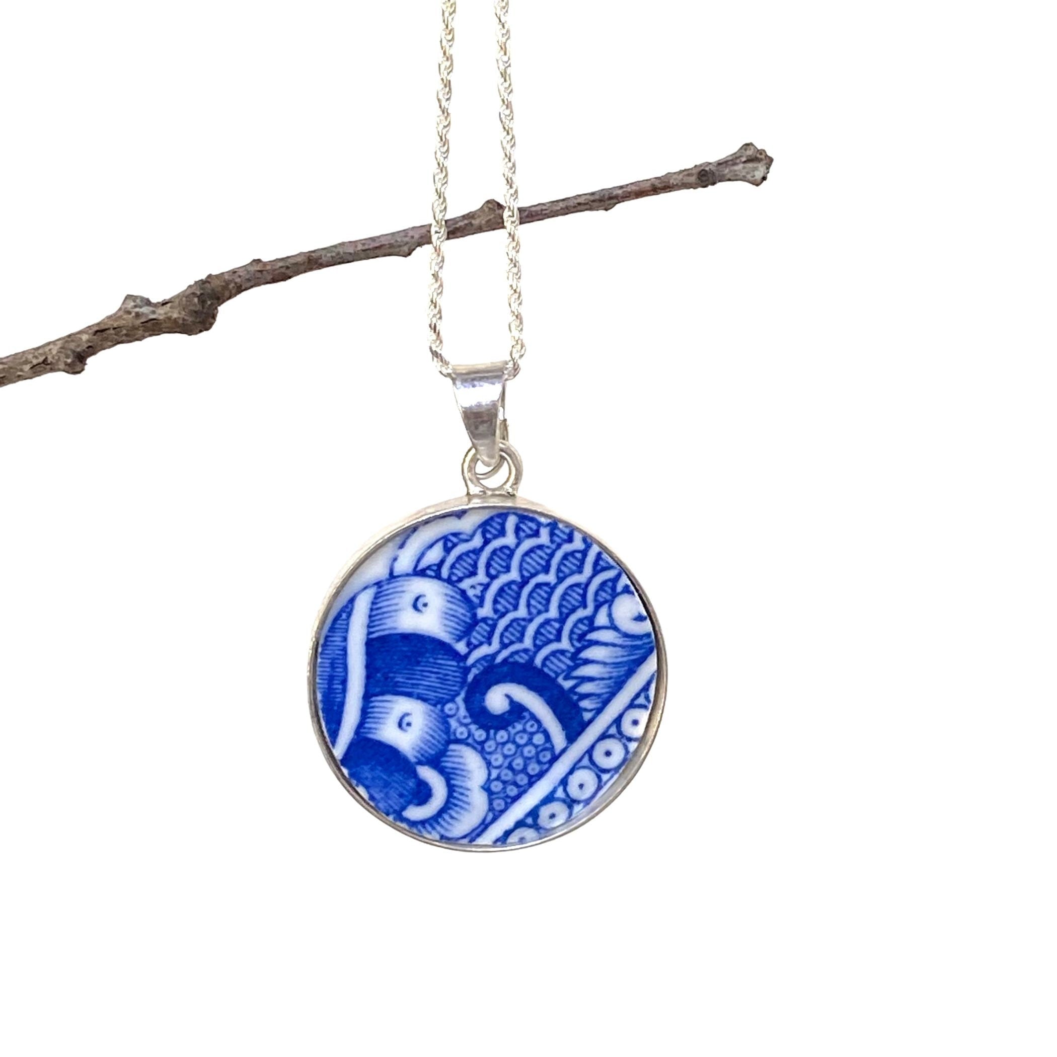 Vintage China Necklace handmade with Crown Staffordshire Blue Willow China