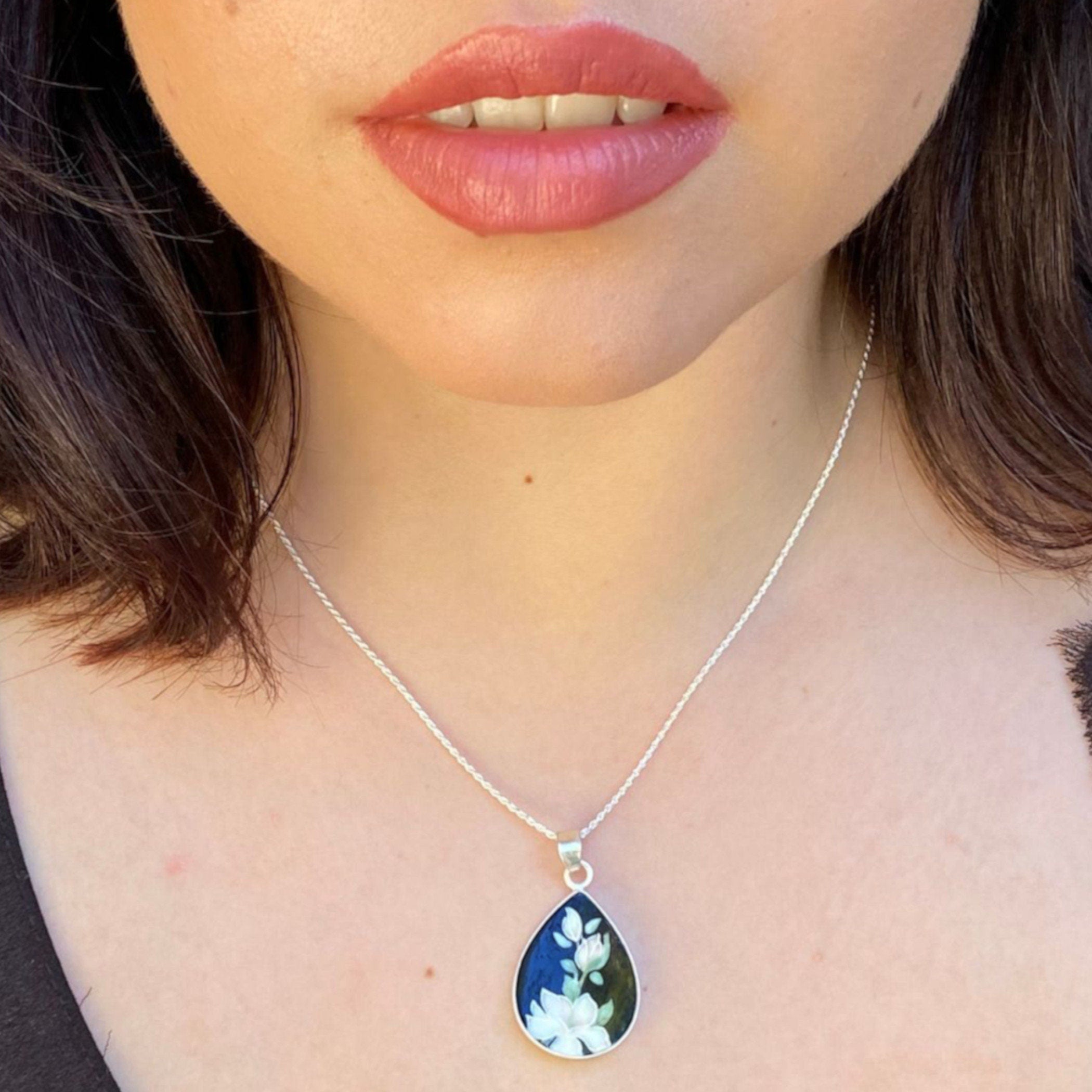 Black Chinoiserie Broken China Jewelry Necklace with Bold White Flowers