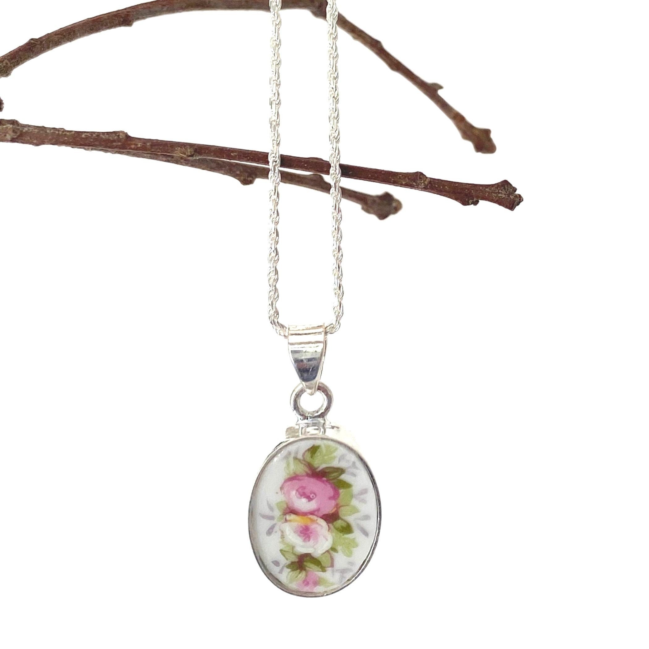 French Limoges China Oval Necklace handmade from Handpainted China