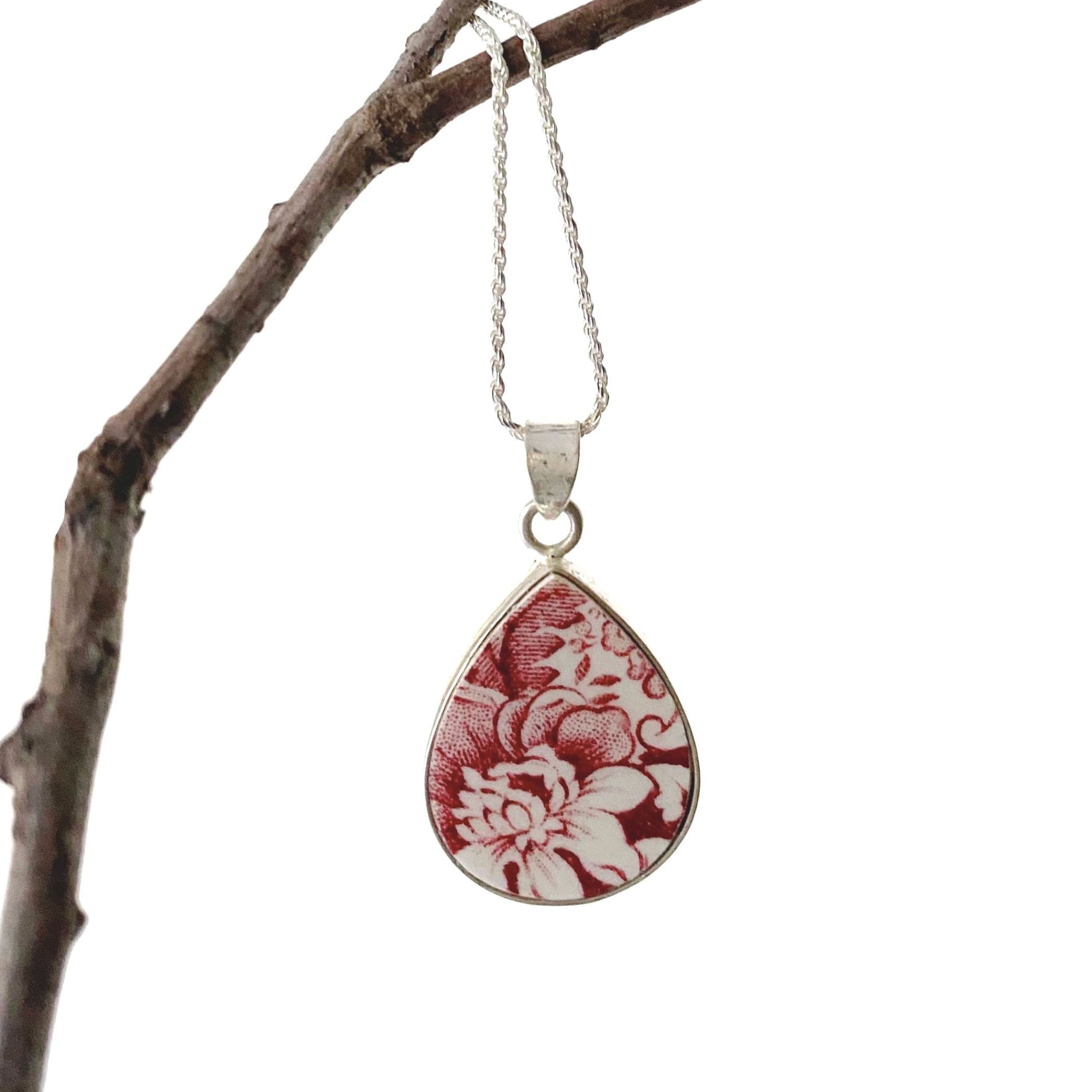 Red Chinoiserie Statement China Necklace with Red Rose Teardrop Pendant