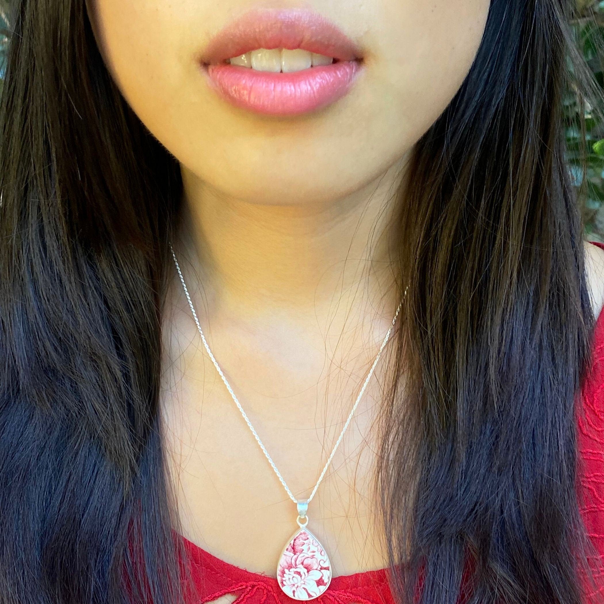 Red Chinoiserie Statement China Necklace with Red Rose Teardrop Pendant