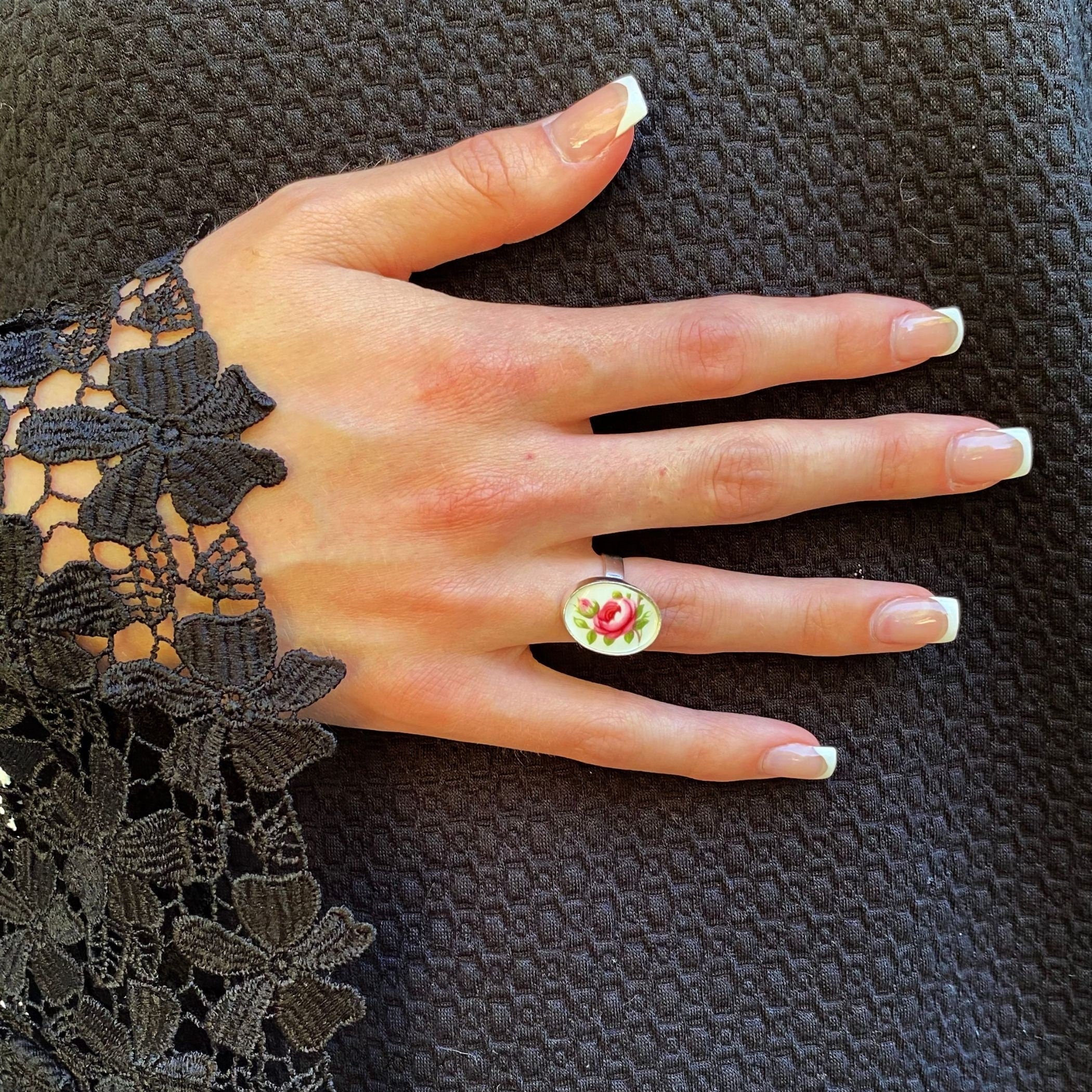 Vintage Royal Albert Oval Rose China Ring handmade with a Modern Victorian Aesthetic