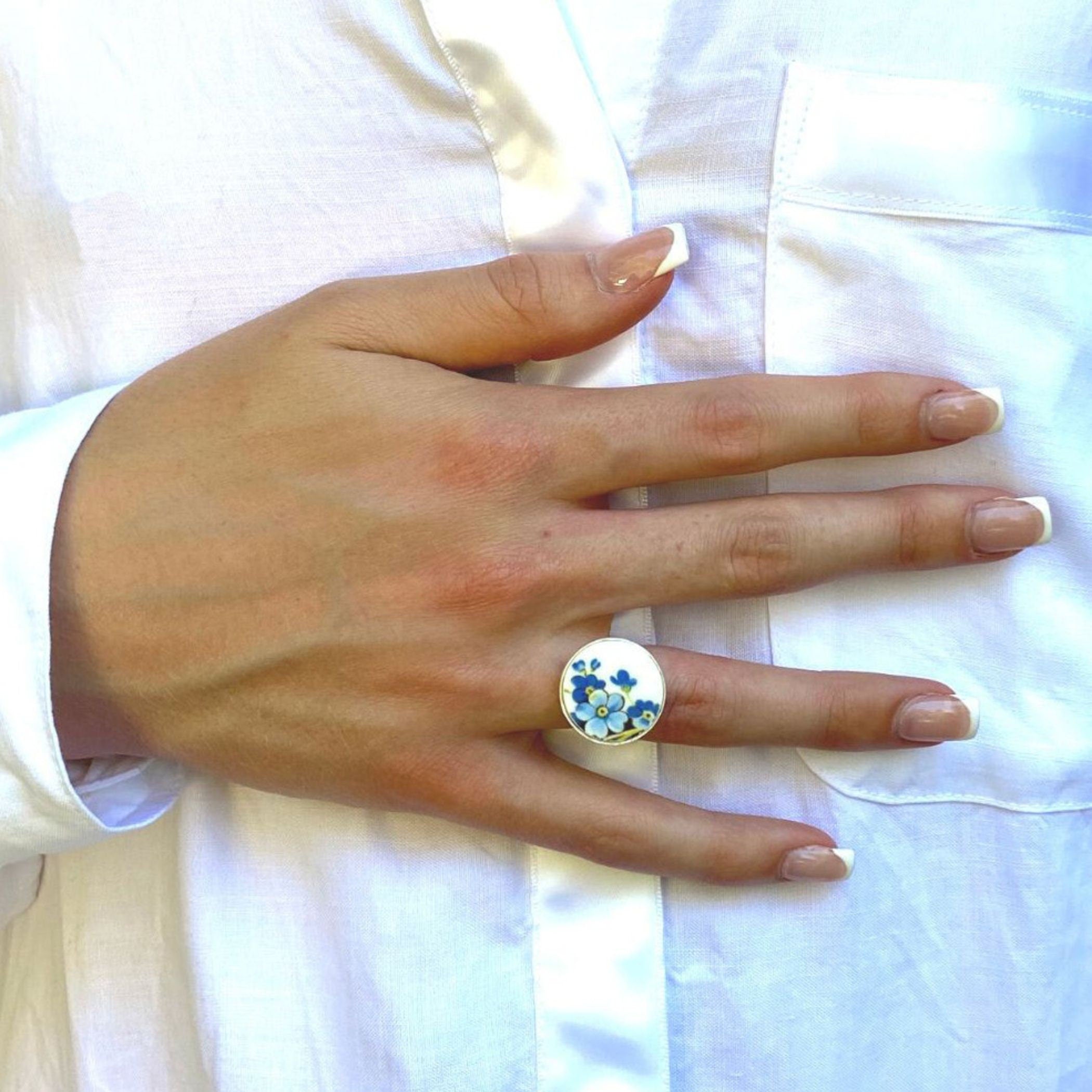 Forget Me Not China Ring handmade with Upcycled English Porcelain